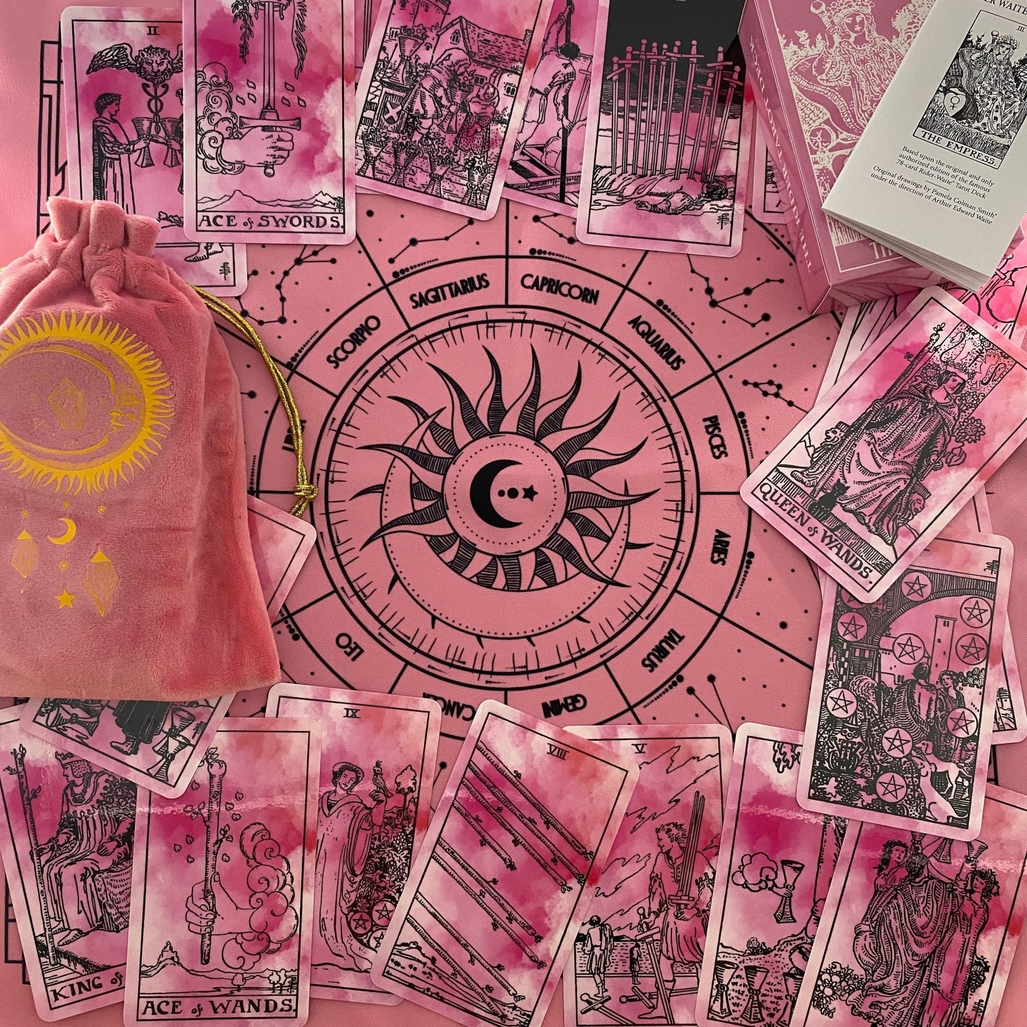A luxurious pink tarot cloth measuring 18x18 inches, perfect for tarot card spreads, made from high-quality material.
