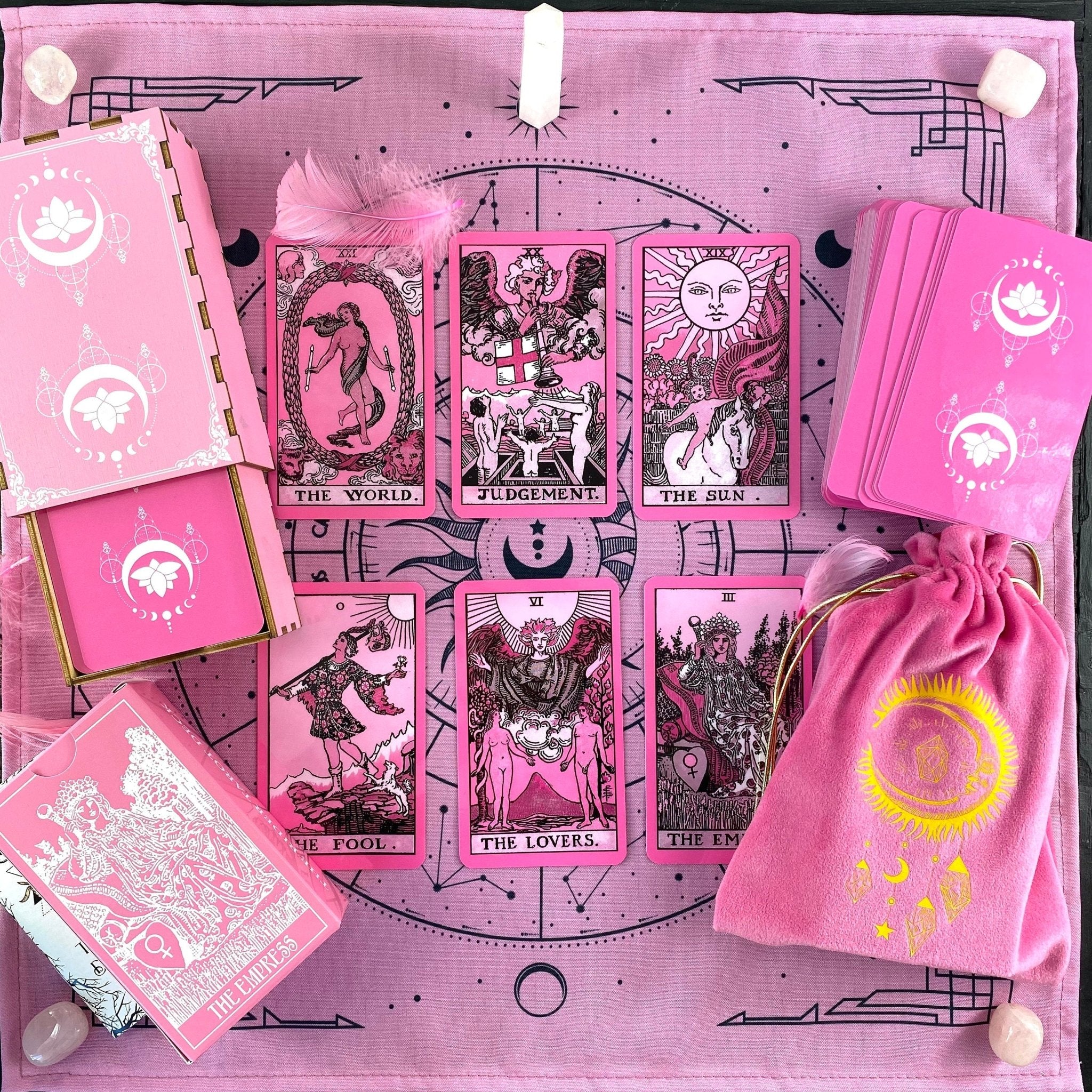 A luxurious pink tarot cloth measuring 18x18 inches, perfect for tarot card spreads, made from high-quality material.