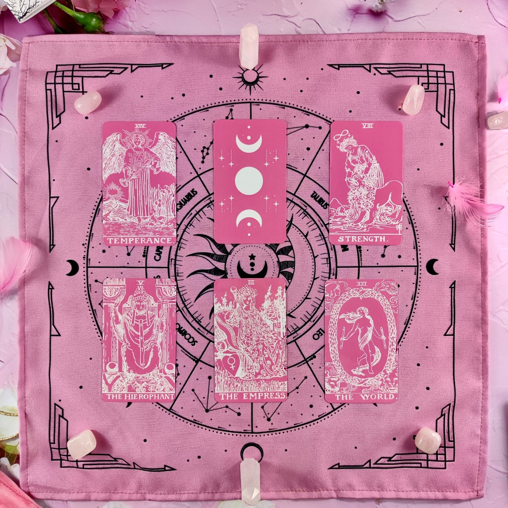 A luxurious pink tarot cloth measuring 18x18 inches, perfect for tarot card spreads, made from high-quality material.