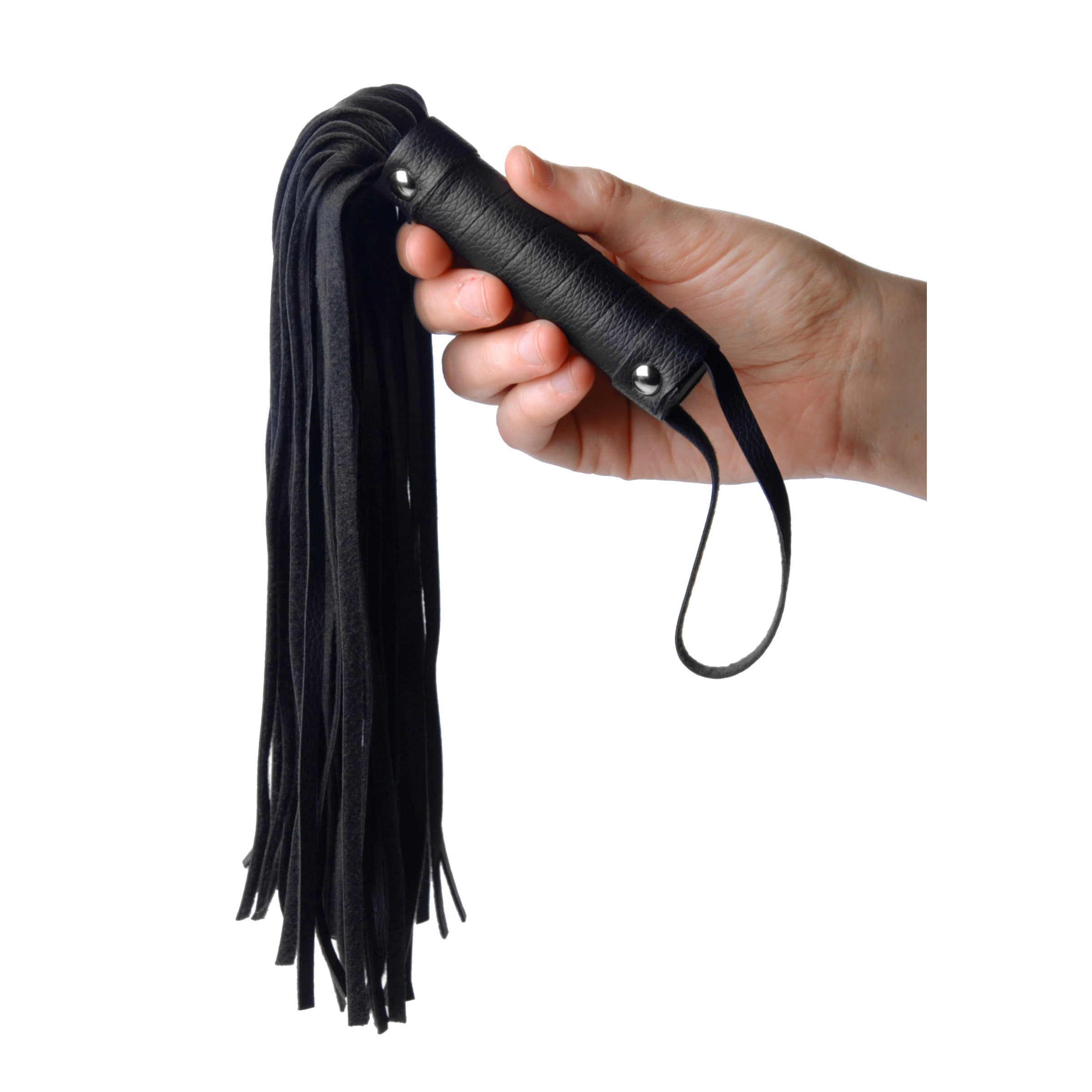 Pleather Pleasure Mini Flogger with spiral wrapped handle and wrist loop, made from soft PU leather in black color.
