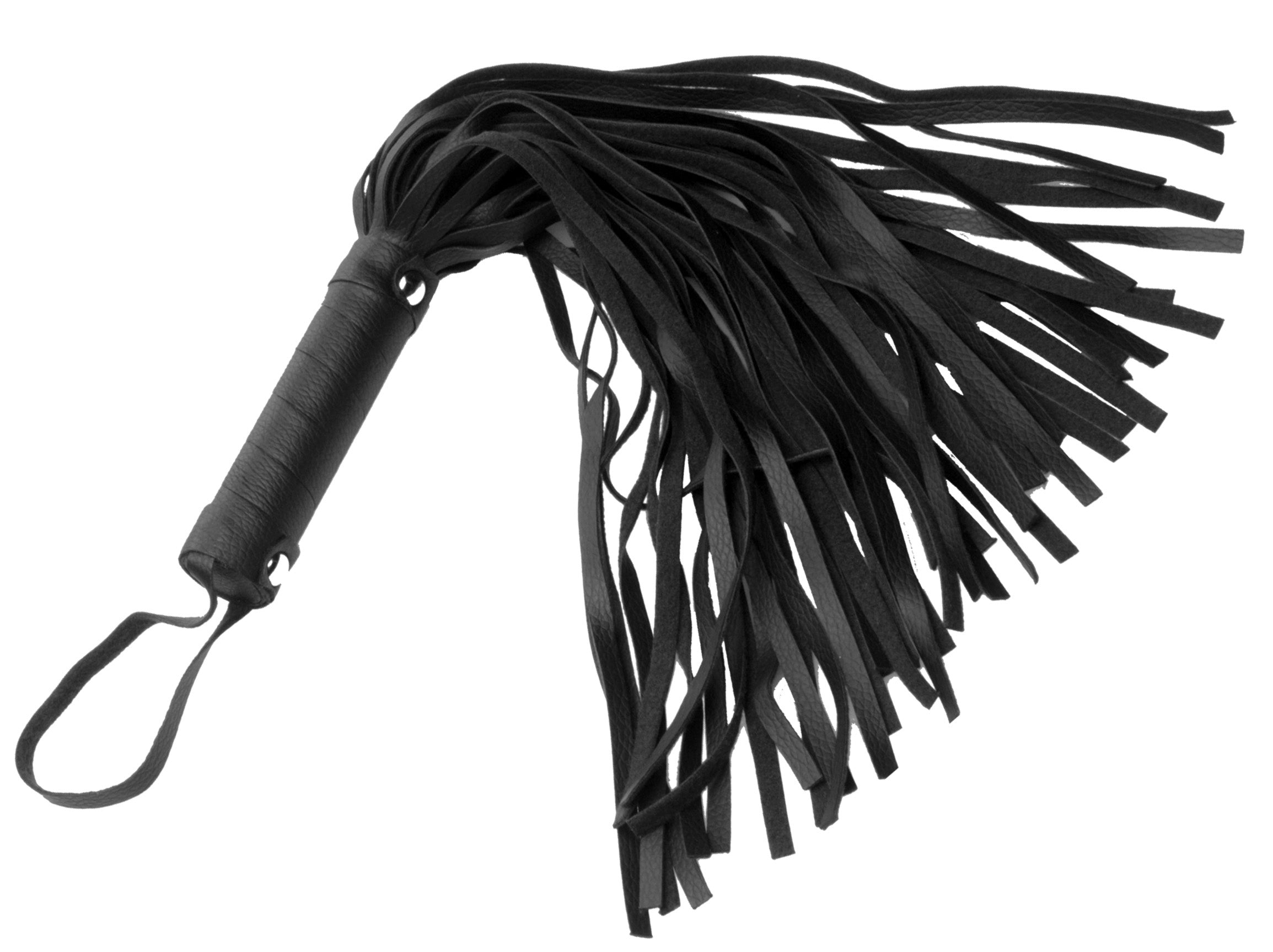 Pleather Pleasure Mini Flogger with spiral wrapped handle and wrist loop, made from soft PU leather in black color.