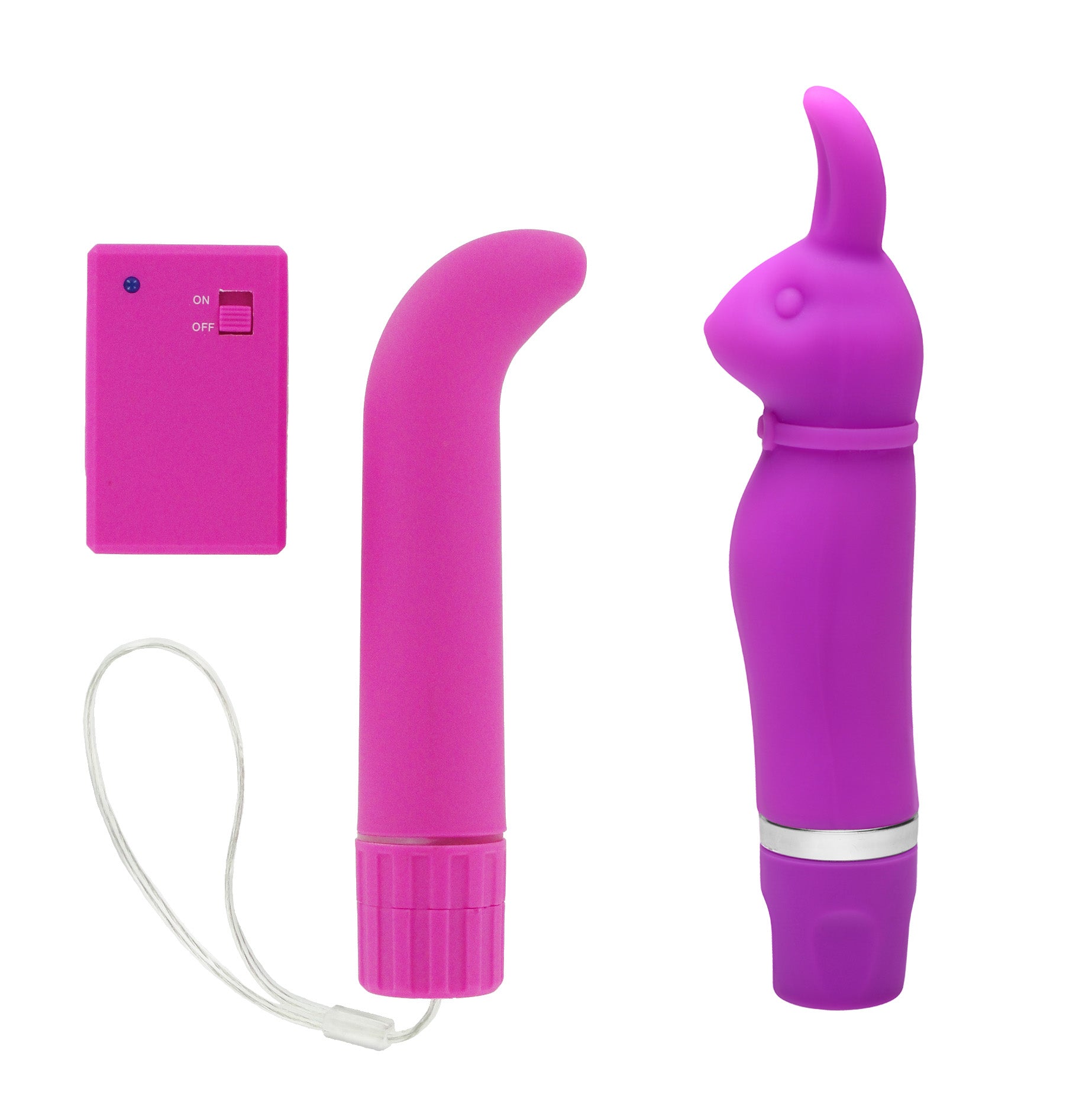 Pocket Rabbit and Remote G-Spot Vibe set in purple and fuchsia, showcasing their compact design and features.