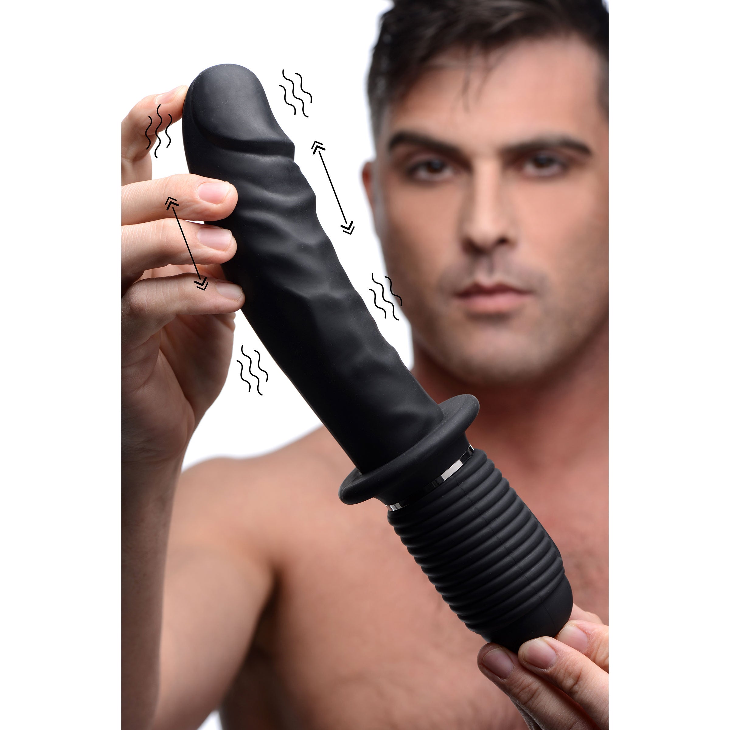 Power Pounder Vibrating and Thrusting Silicone Dildo in black, showcasing its ribbed hilt and realistic shaft design.