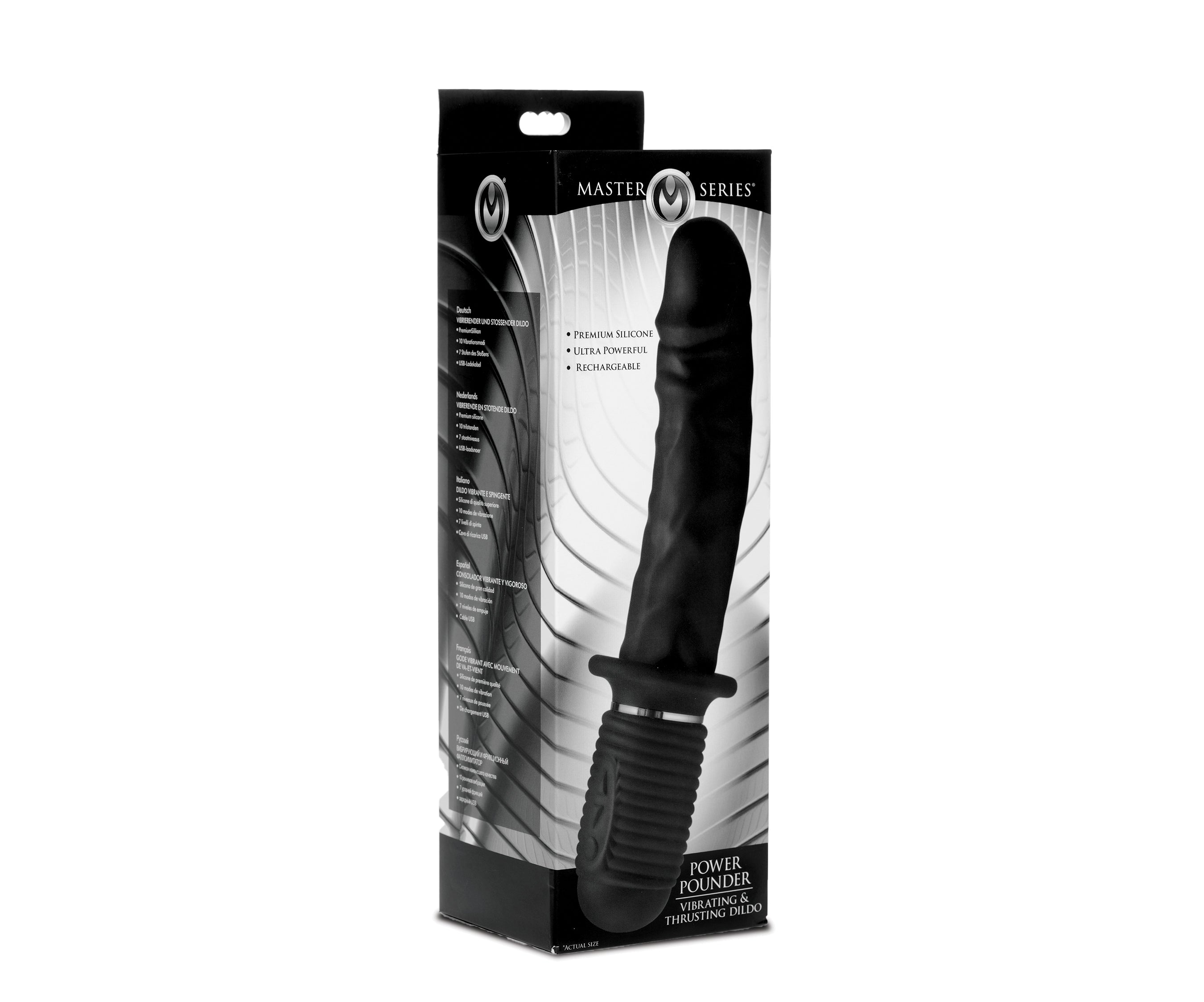 Power Pounder Vibrating and Thrusting Silicone Dildo in black, showcasing its ribbed hilt and realistic shaft design.