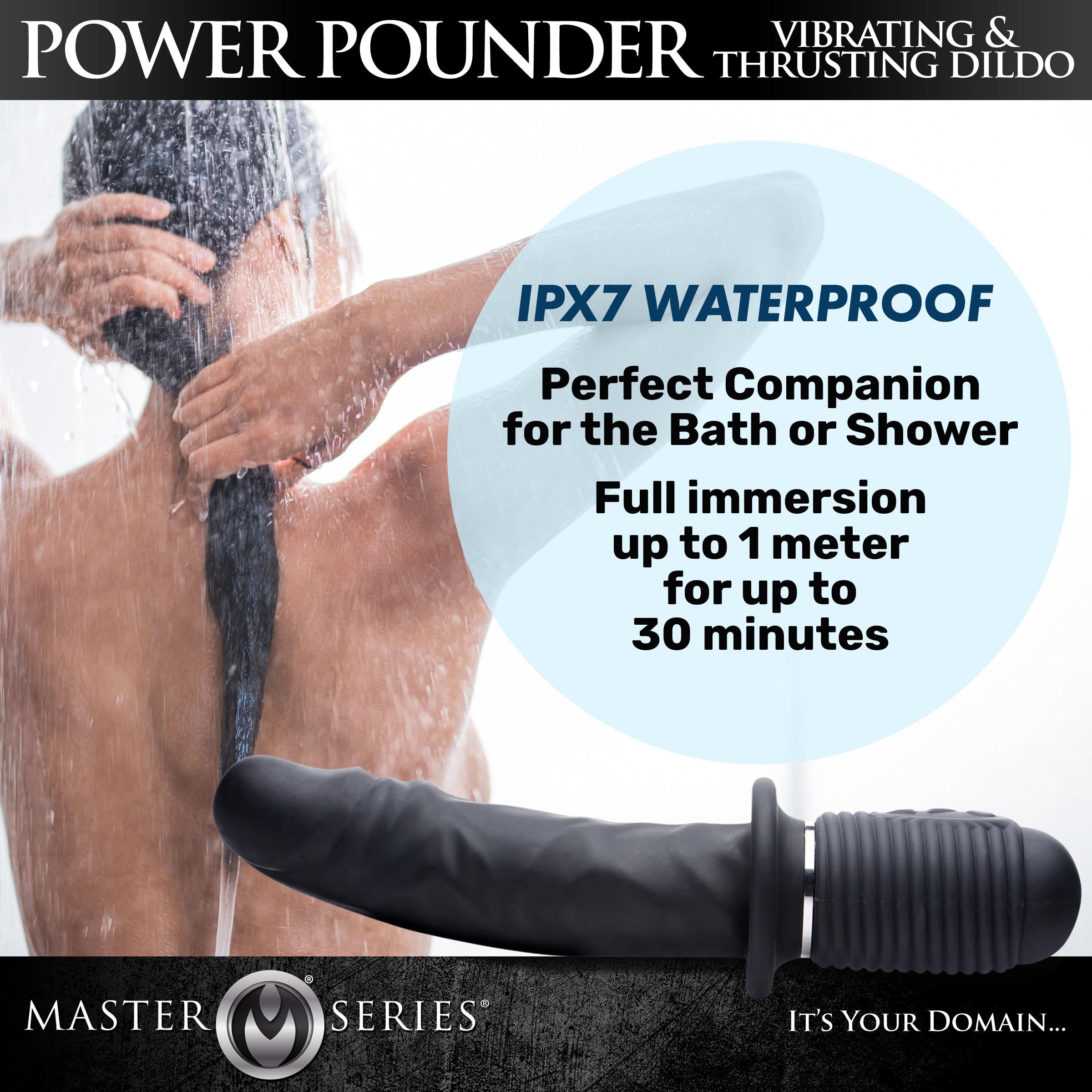 Power Pounder Vibrating and Thrusting Silicone Dildo in black, showcasing its ribbed hilt and realistic shaft design.