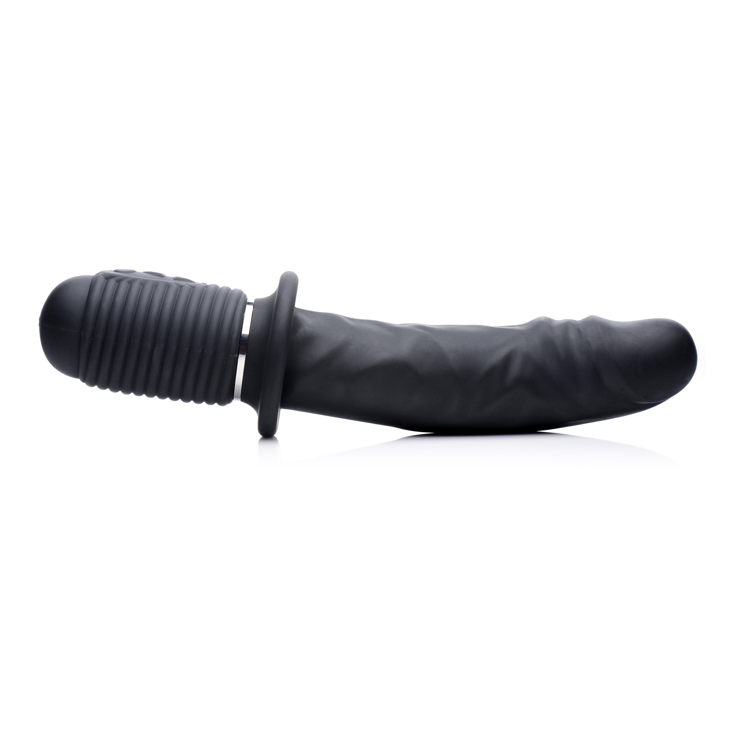 Power Pounder Vibrating and Thrusting Silicone Dildo in black, showcasing its ribbed hilt and realistic shaft design.