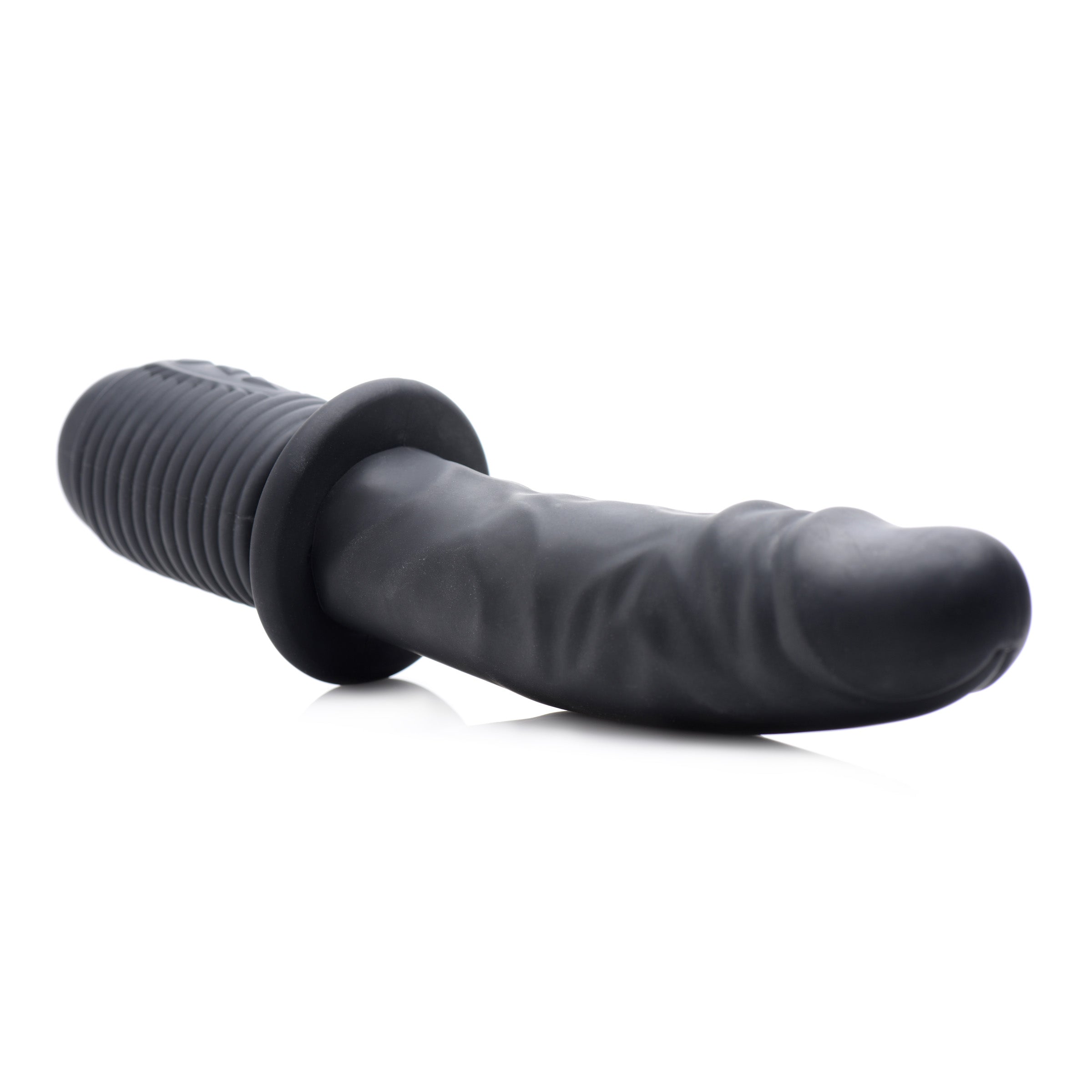 Power Pounder Vibrating and Thrusting Silicone Dildo in black, showcasing its ribbed hilt and realistic shaft design.