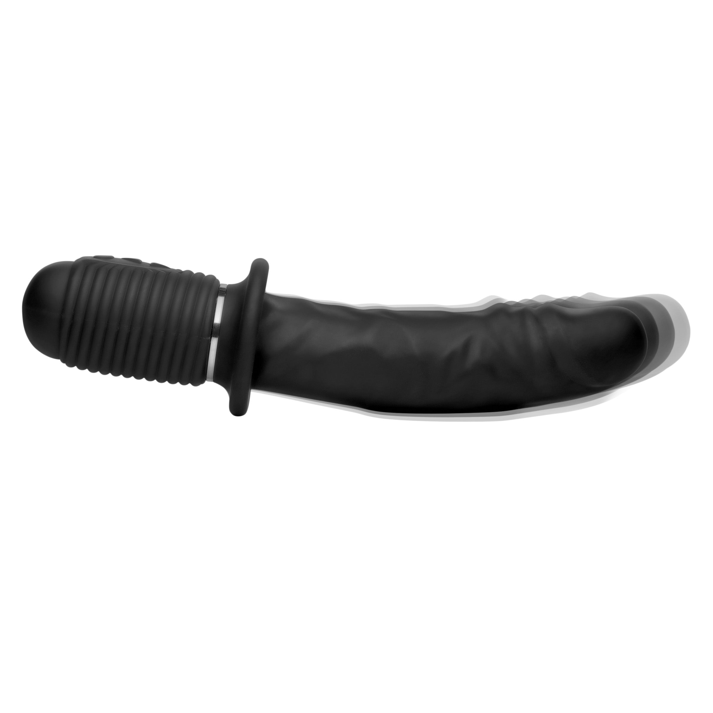 Power Pounder Vibrating and Thrusting Silicone Dildo in black, showcasing its ribbed hilt and realistic shaft design.