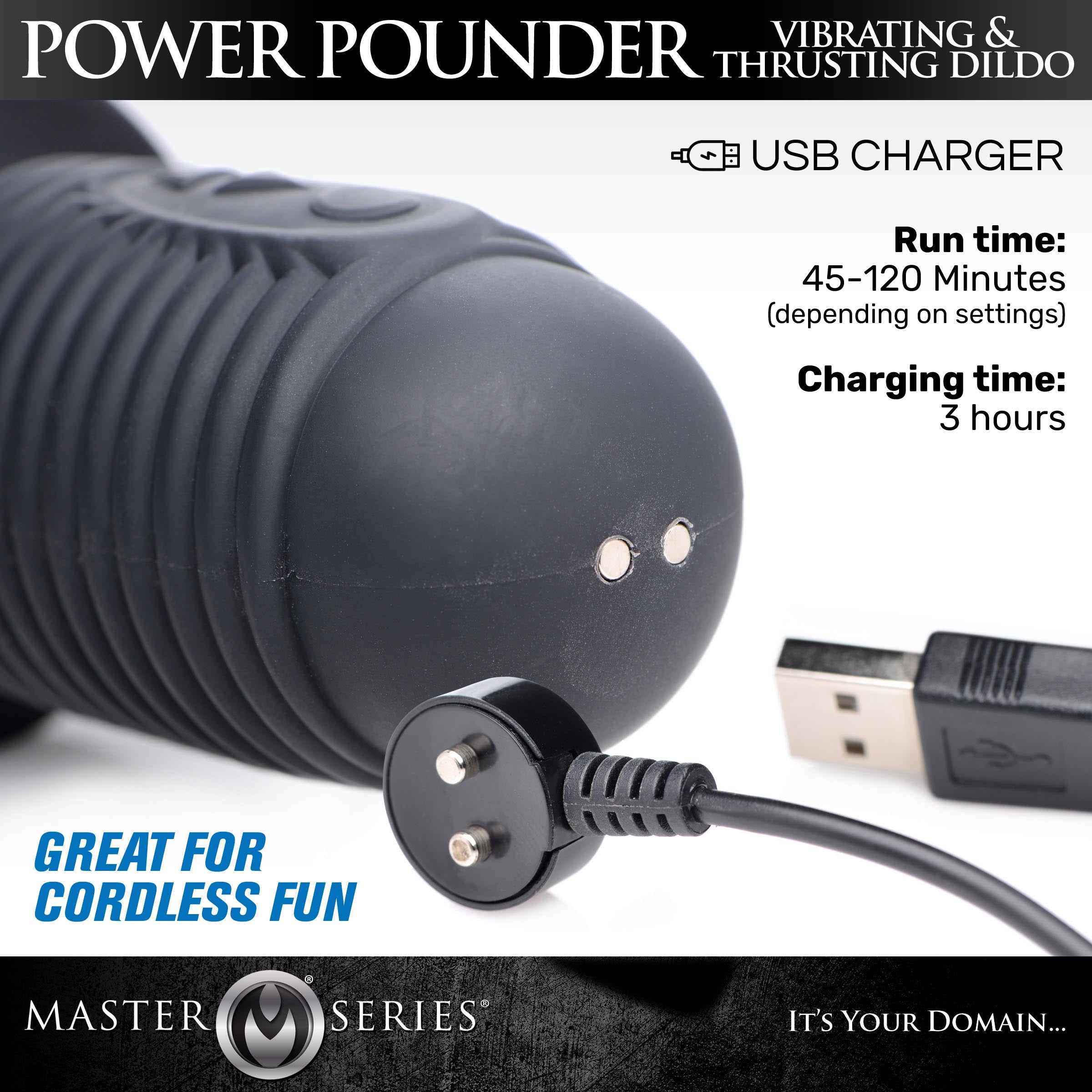 Power Pounder Vibrating and Thrusting Silicone Dildo in black, showcasing its ribbed hilt and realistic shaft design.