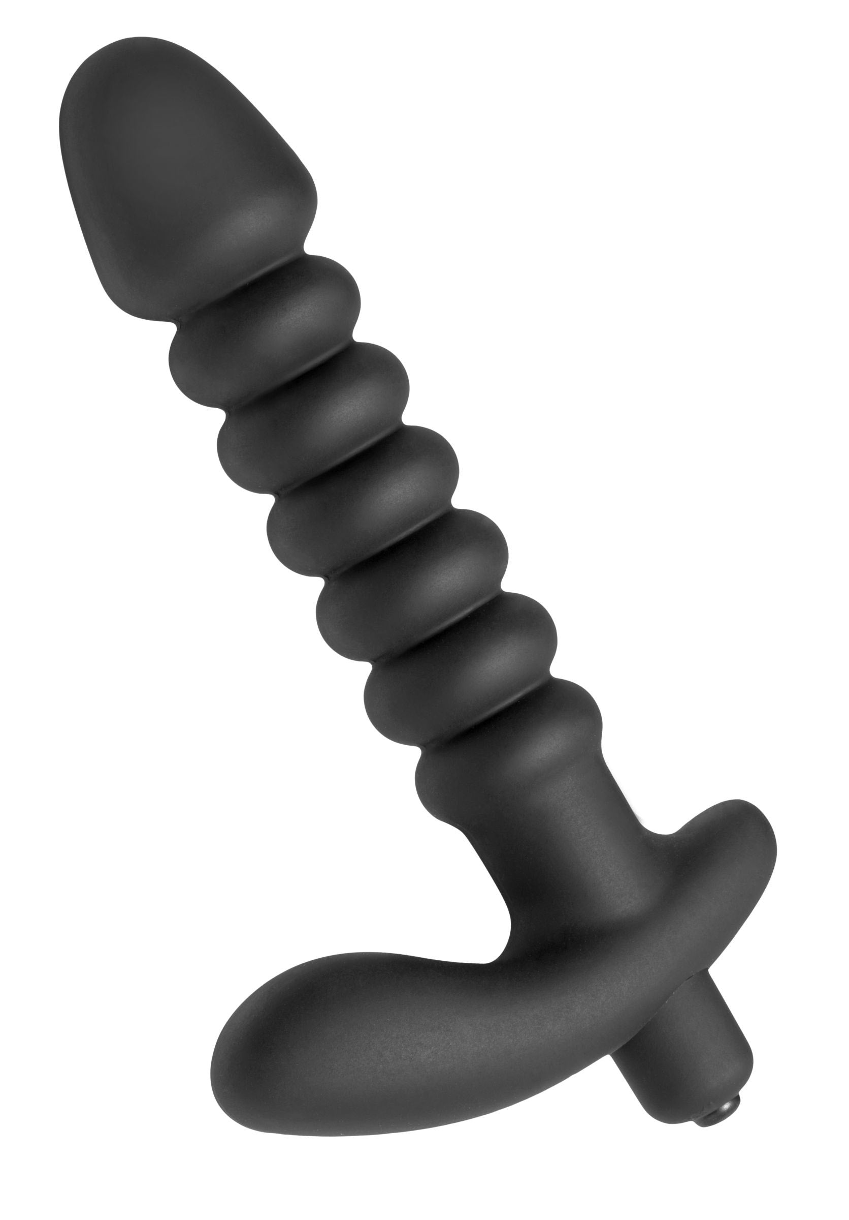 Prostatic Play Quest Ribbed Silicone Prostate Vibe in black, showcasing its ribbed texture and flexible shaft for enhanced stimulation.