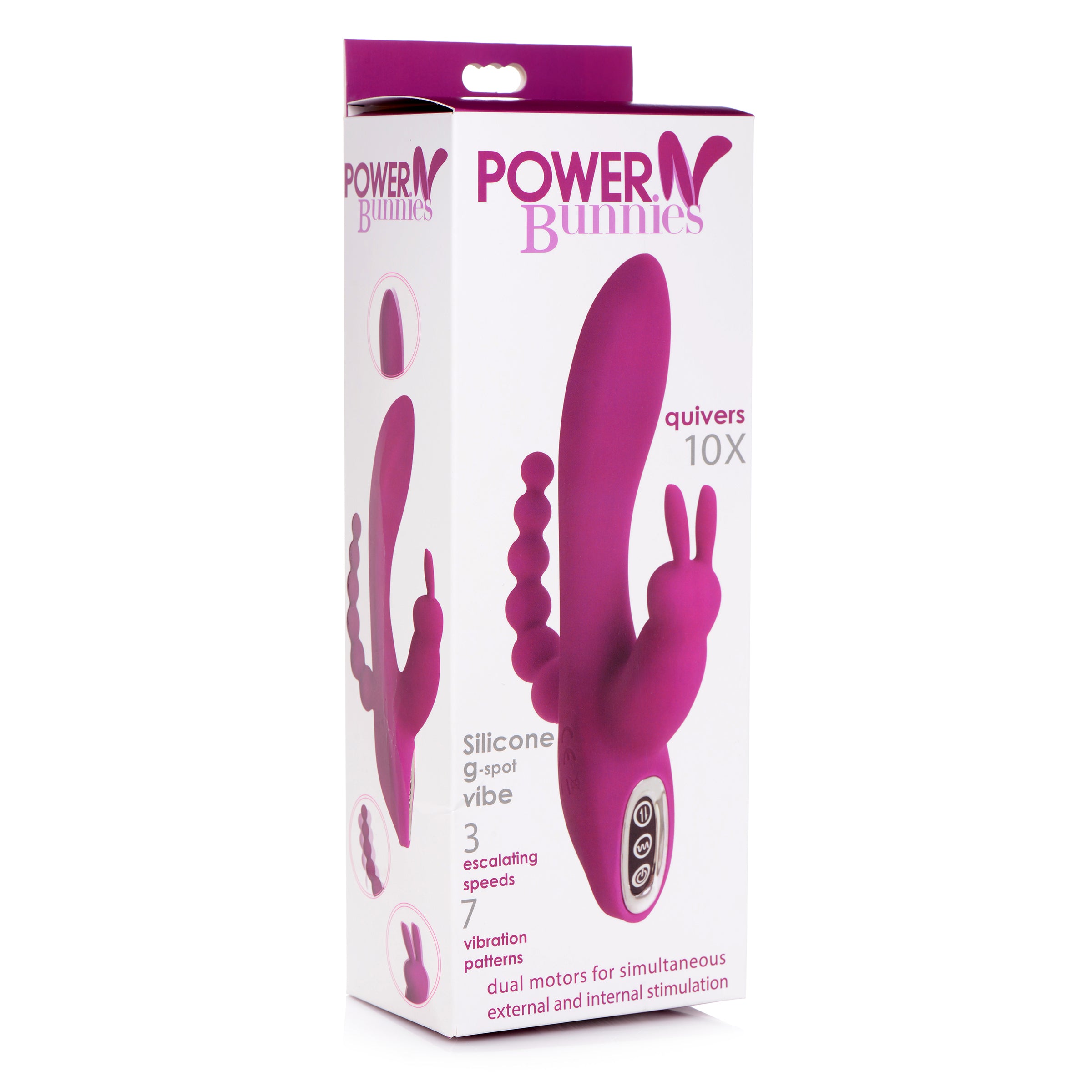 Quivers 10X Silicone G-spot Rabbit Vibrator in purple with dual motors and anal beads for enhanced pleasure.