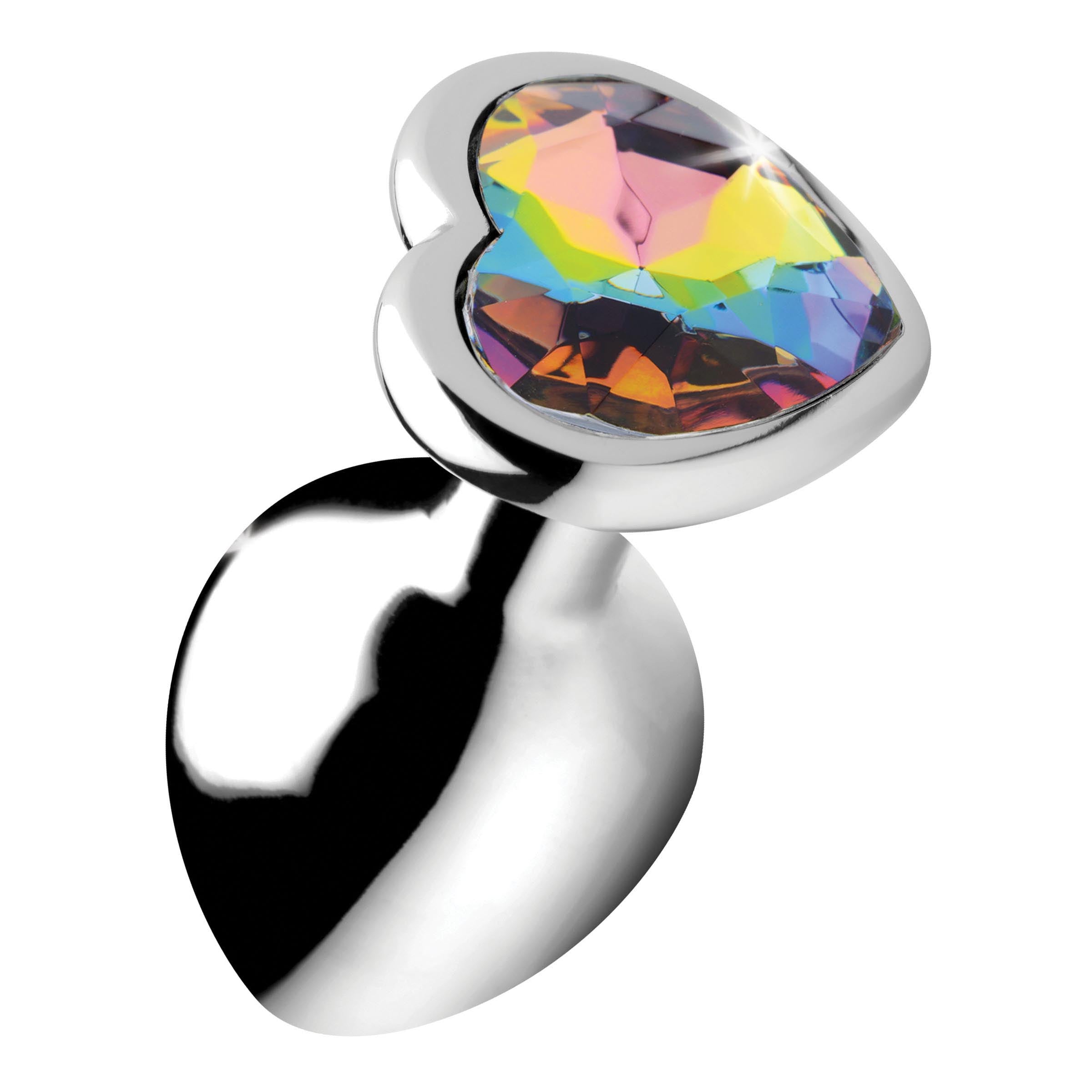 Rainbow Prism Heart Anal Plug, medium size with a heart-shaped rainbow gem, made of nickel-free aluminum alloy.
