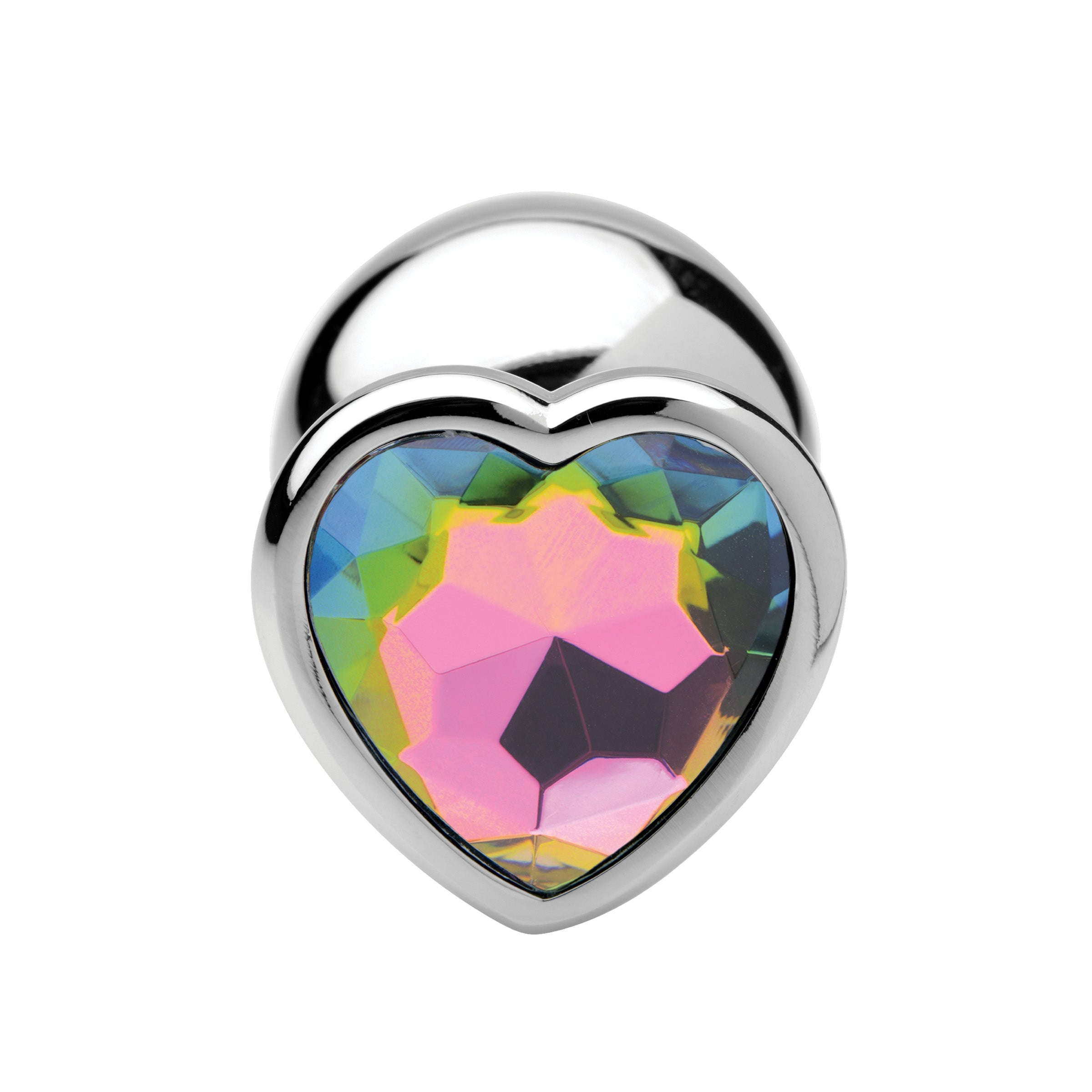 Rainbow Prism Heart Anal Plug, medium size with a heart-shaped rainbow gem, made of nickel-free aluminum alloy.