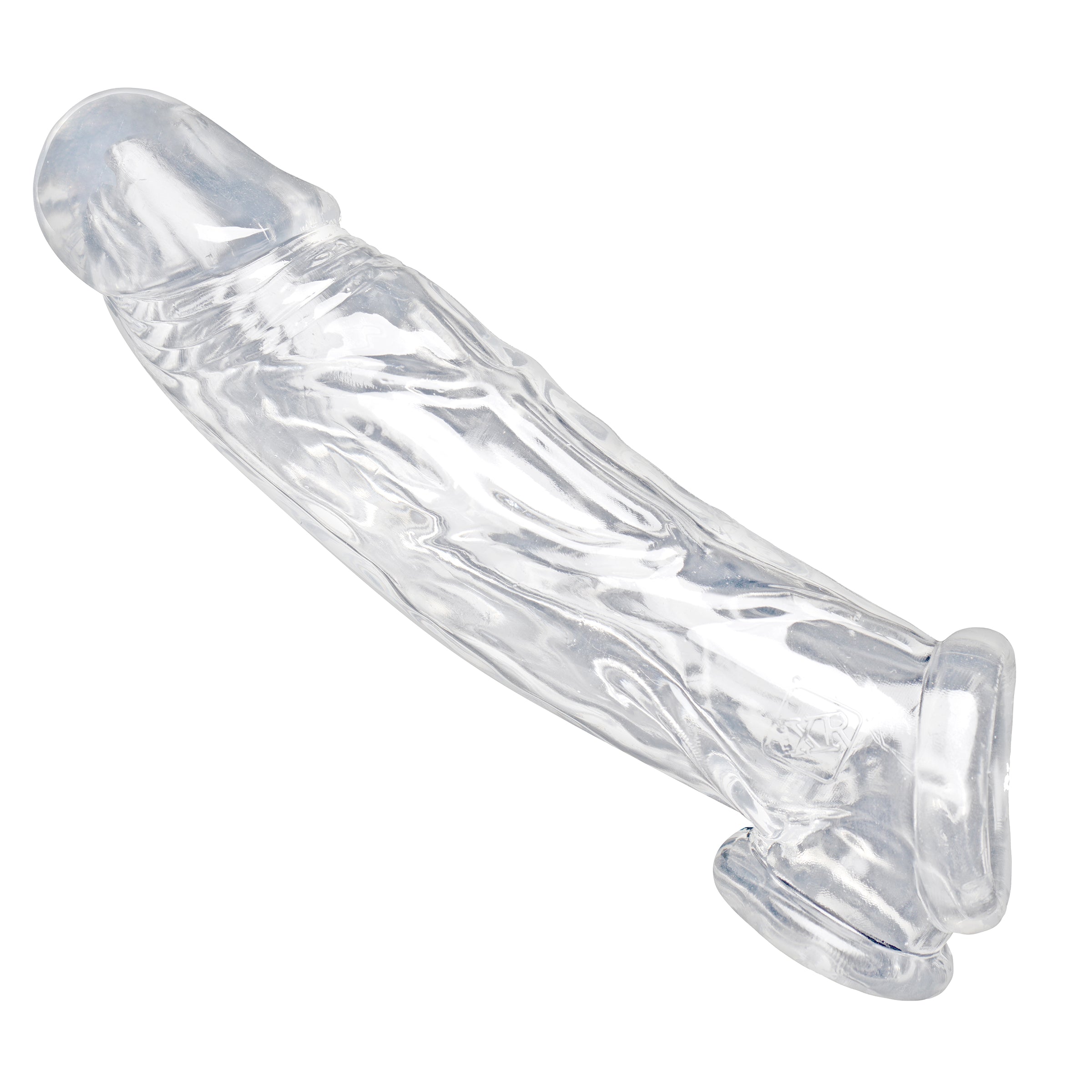 Realistic Clear Penis Enhancer and Ball Stretcher showcasing its lifelike texture and clear design for enhanced visibility.