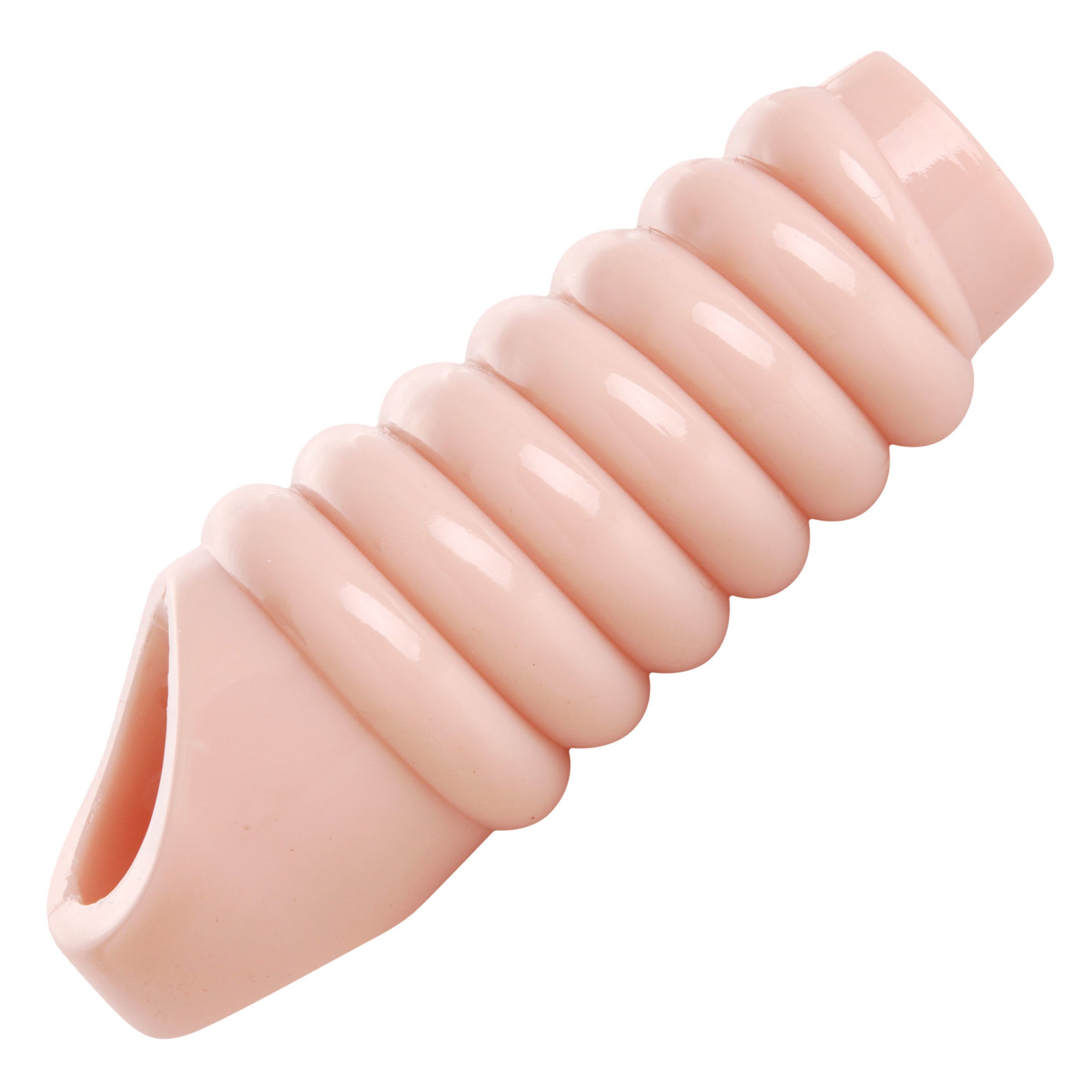Really Ample Ribbed Penis Enhancer Sheath showcasing its ribbed texture and secure ball strap for enhanced pleasure.