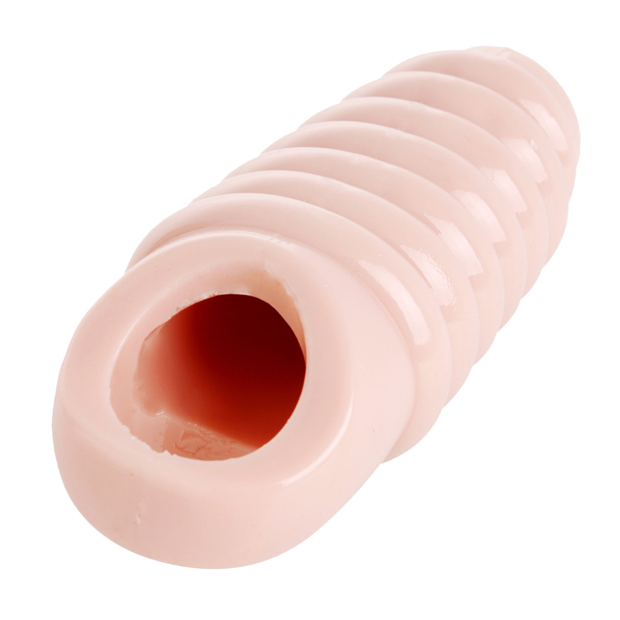 Really Ample Ribbed Penis Enhancer Sheath showcasing its ribbed texture and secure ball strap for enhanced pleasure.