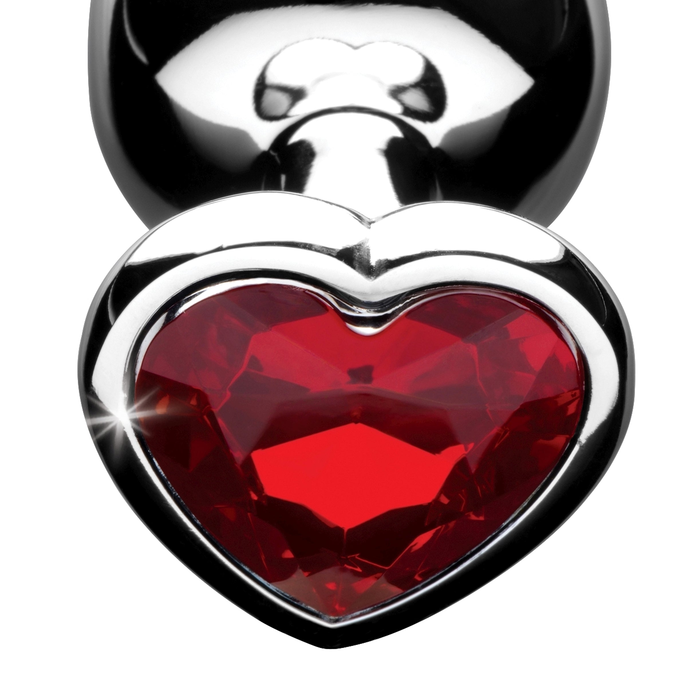Red Heart Gem Anal Plug with a smooth aluminum finish and a heart-shaped gem, designed for comfortable anal play.