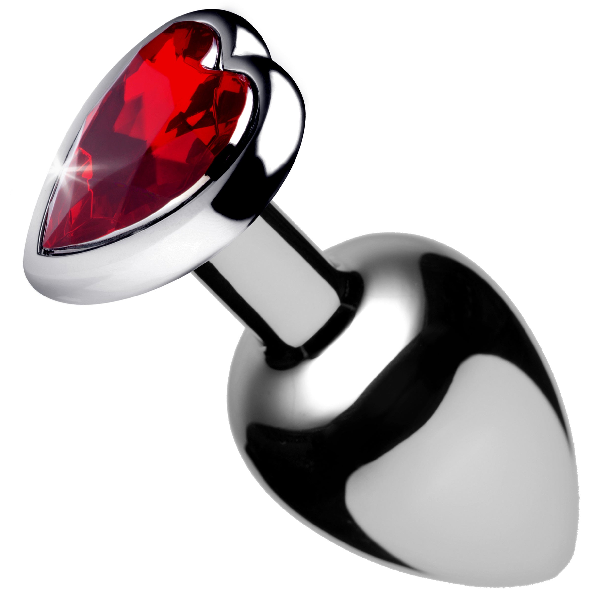 Red Heart Gem Anal Plug featuring a smooth aluminum finish and a heart-shaped gem in deep crimson red, designed for anal play.
