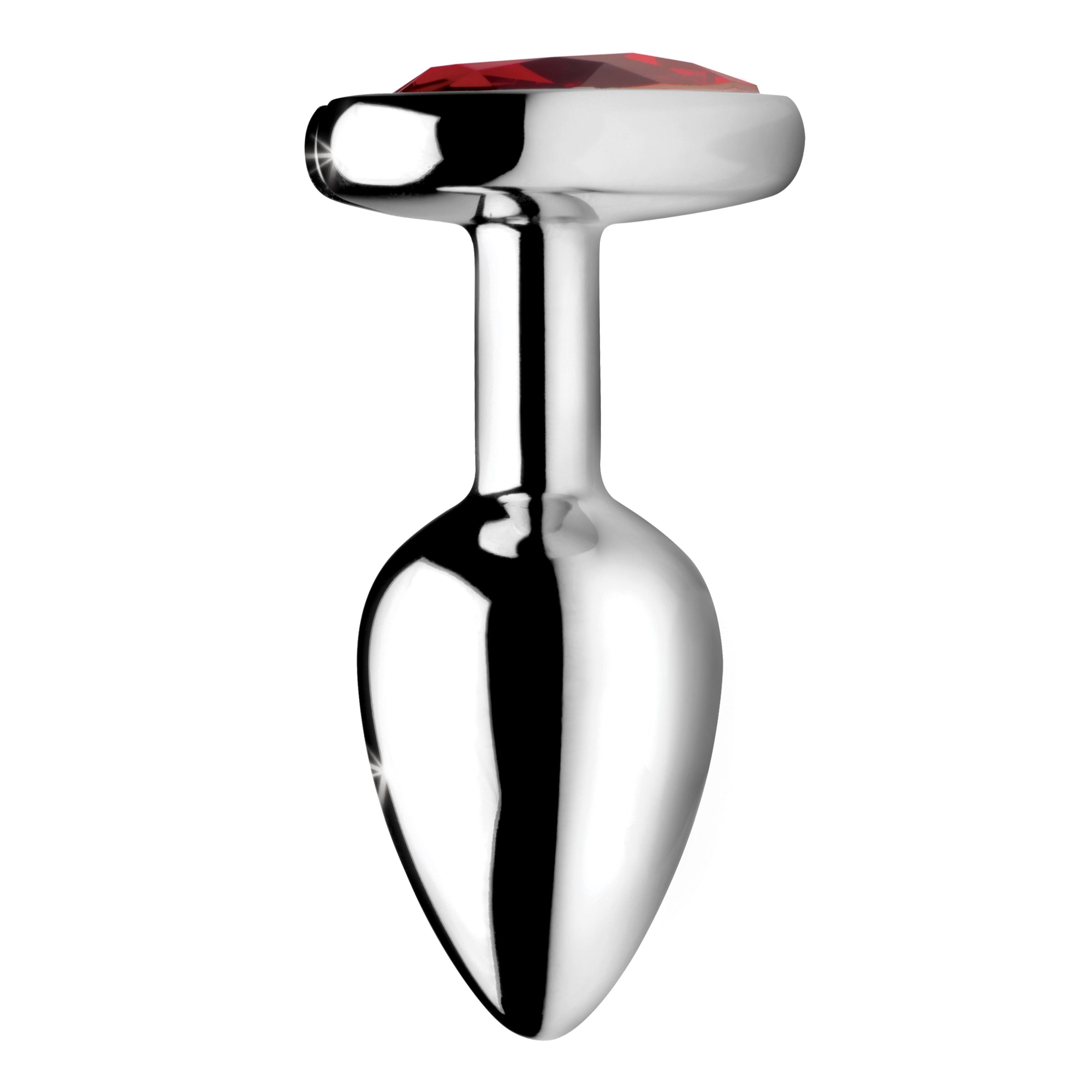 Red Heart Gem Anal Plug featuring a smooth aluminum finish and a heart-shaped gem in deep crimson red, designed for anal play.