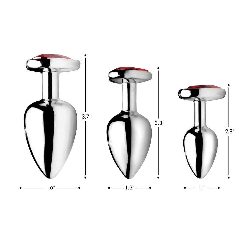Red Heart Gem Anal Plug featuring a smooth aluminum finish and a heart-shaped gem in deep crimson red, designed for anal play.