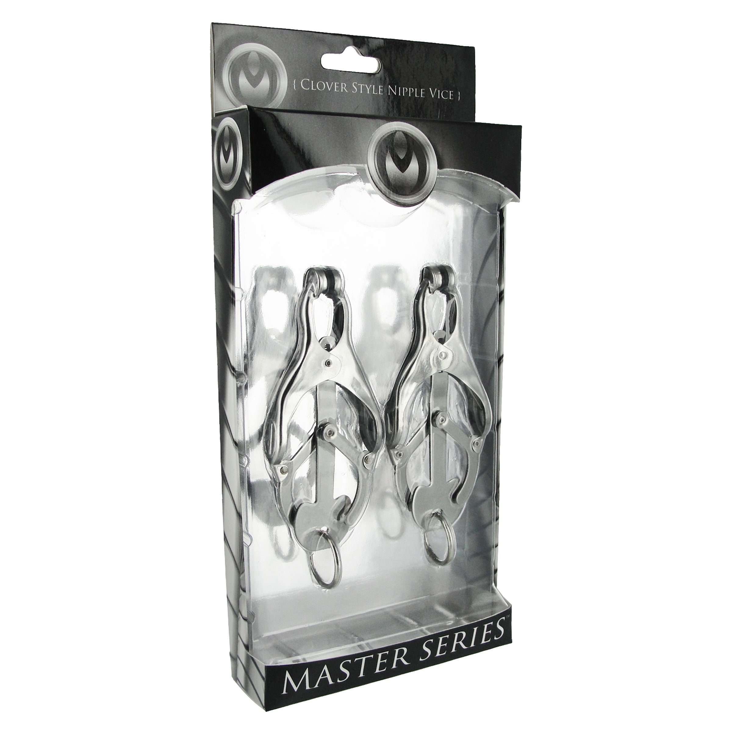 Ringed Monarch Clover Style Nipple Vice with chrome finish, featuring adjustable clamps and O-ring for enhanced sensation play.
