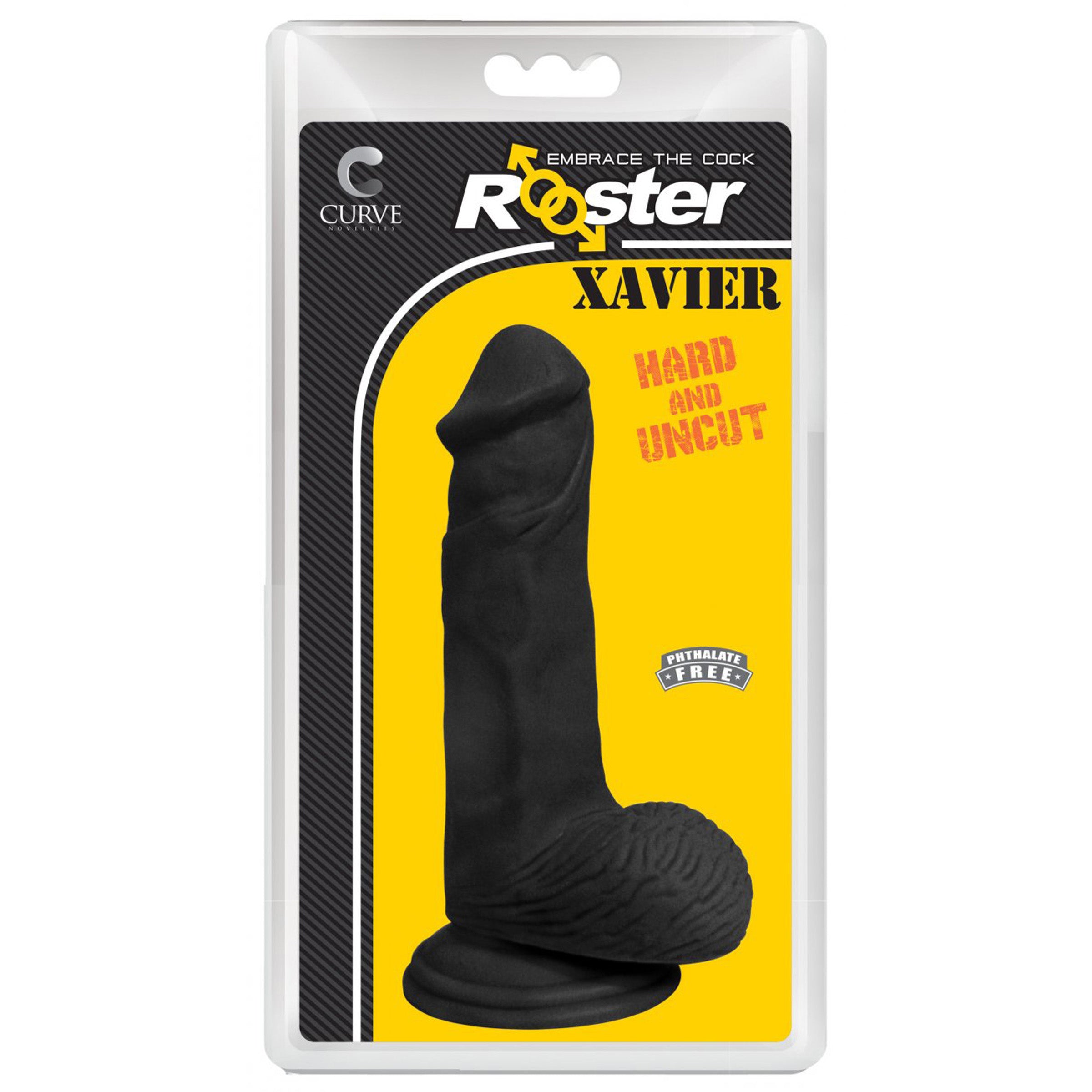 Rooster Xavier Hard and Uncut Dildo in black with realistic veined design and strong suction cup base.