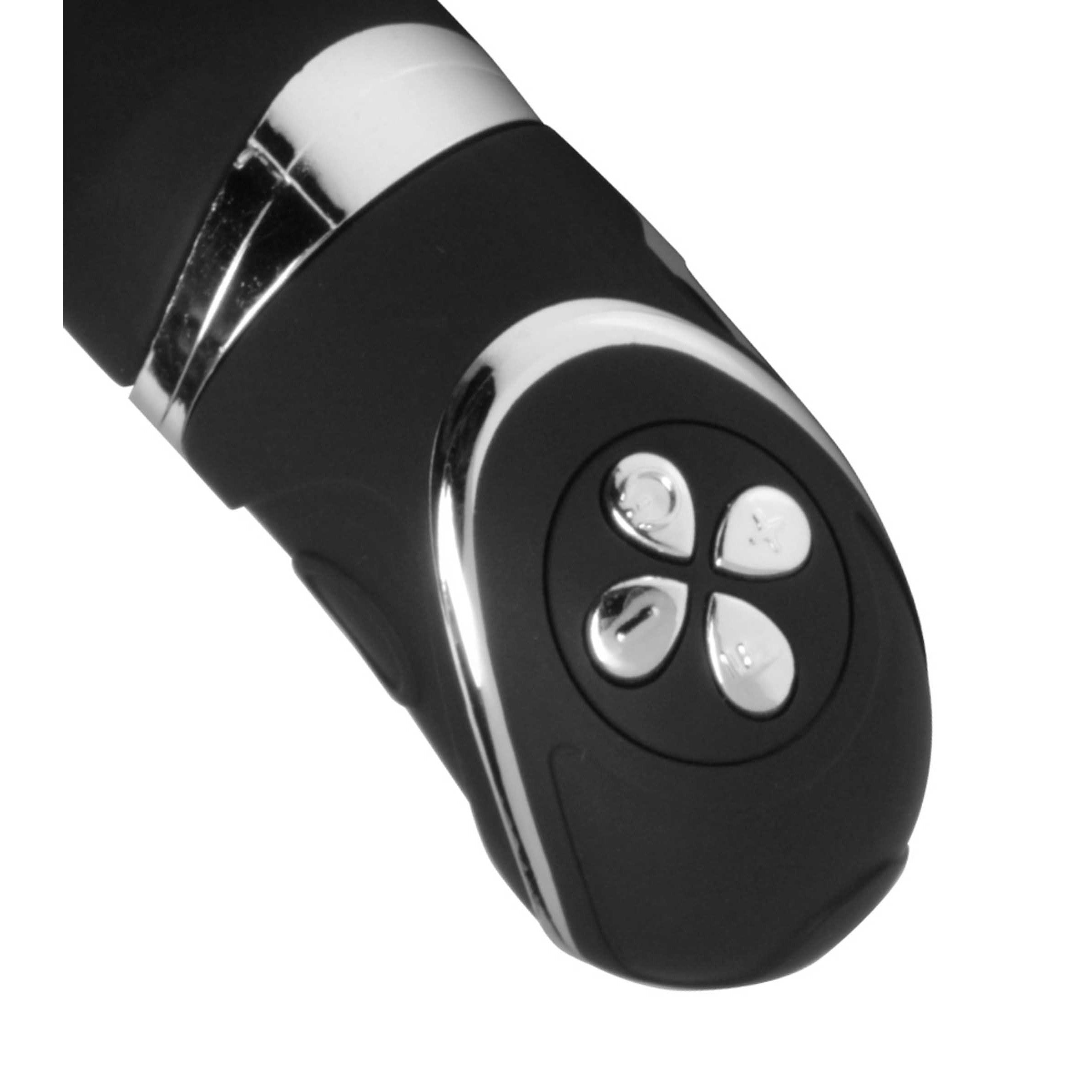 Scepter 10 Function Vibrating Silicone Penetrator in black, showcasing its sleek design and textured surface for enhanced pleasure.