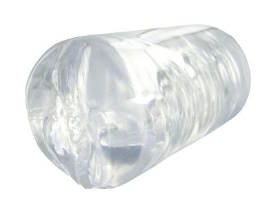 Clear SexFlesh Crystal Touch Pussy Stroker showcasing its ribbed tunnel and open-ended design for enhanced pleasure.