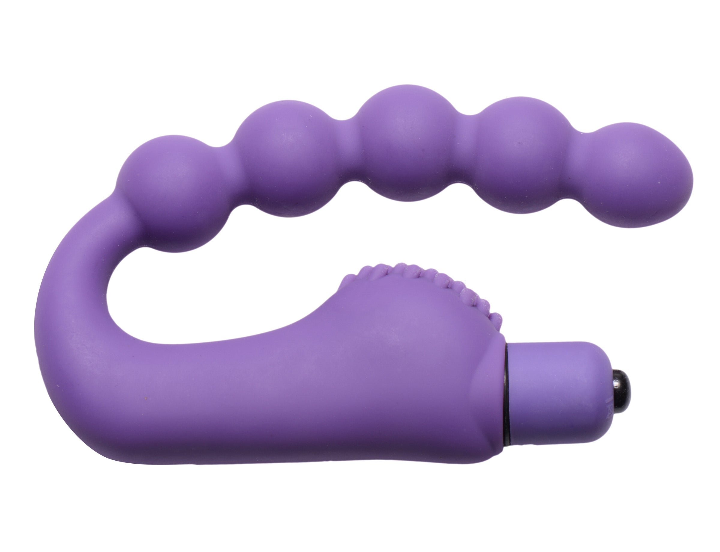 Silicone Beaded G-Spot Vibe in purple with clitoral stimulator and removable vibrating bullet.