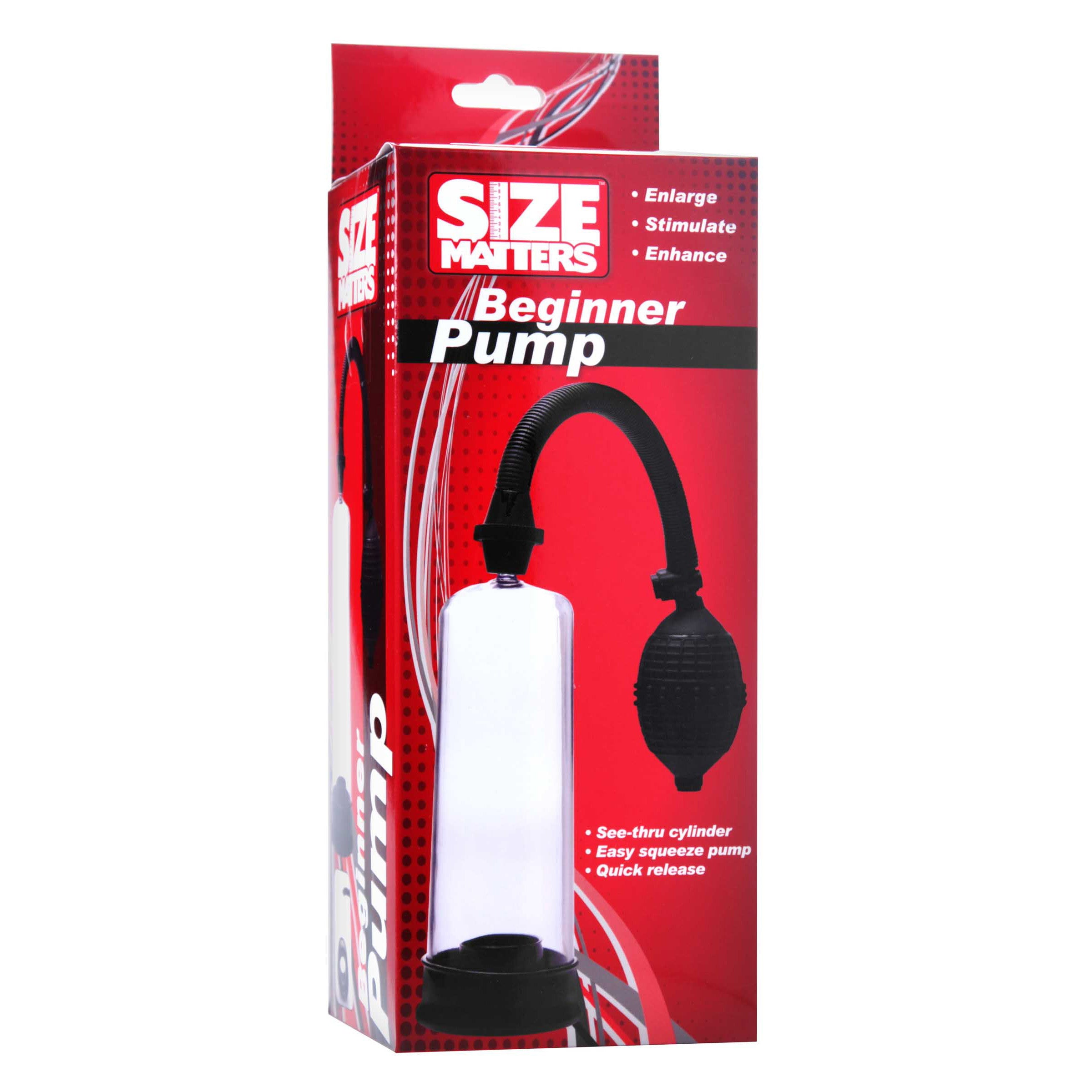 Size Matters Beginner Pump with a black design, featuring a see-through cylinder and pneumatic bulb for enhanced erections.