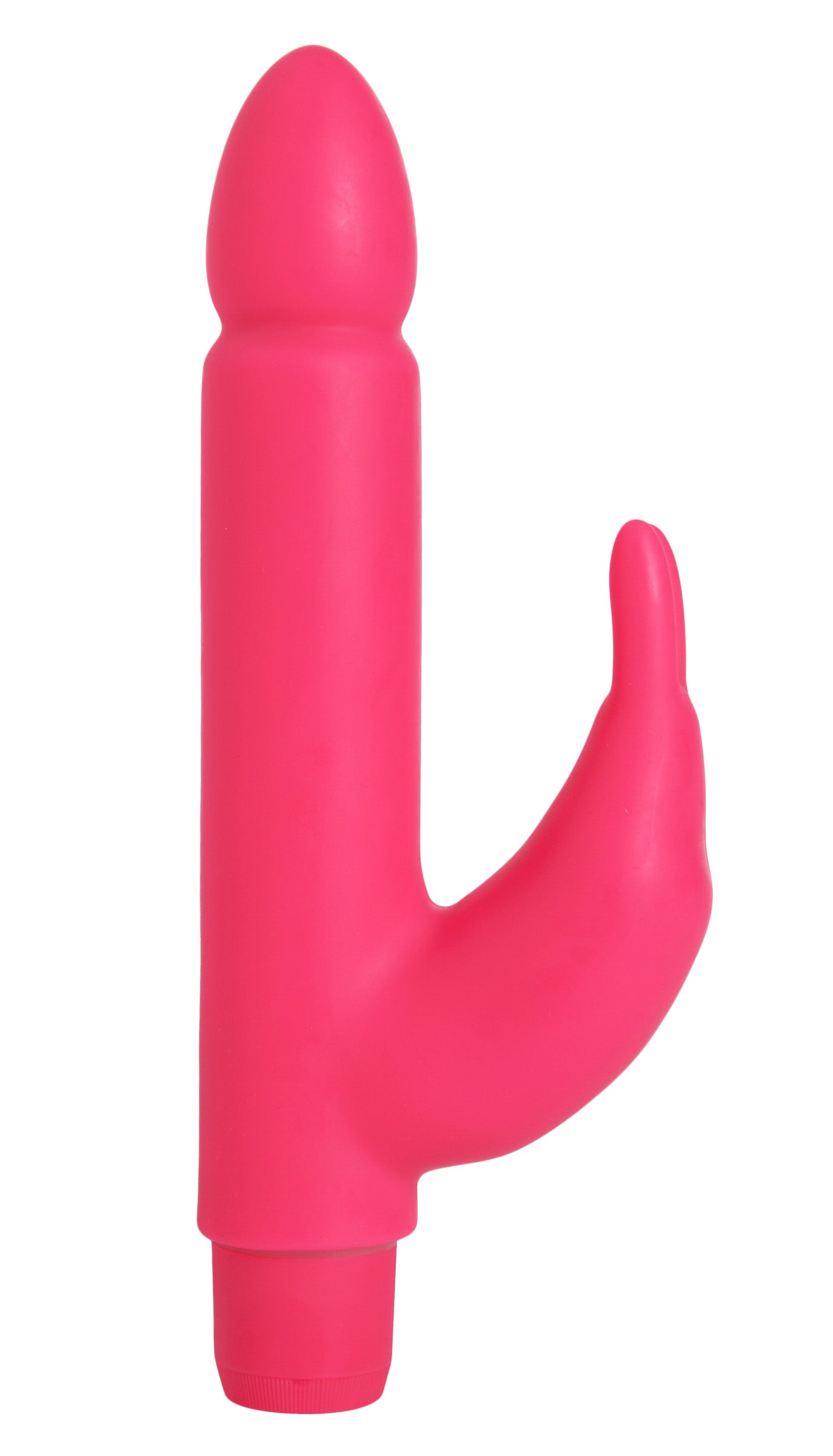Smooth Pink Silicone Rabbit vibrator with a semi-phallic shaft and bunny stimulator for clitoral stimulation.