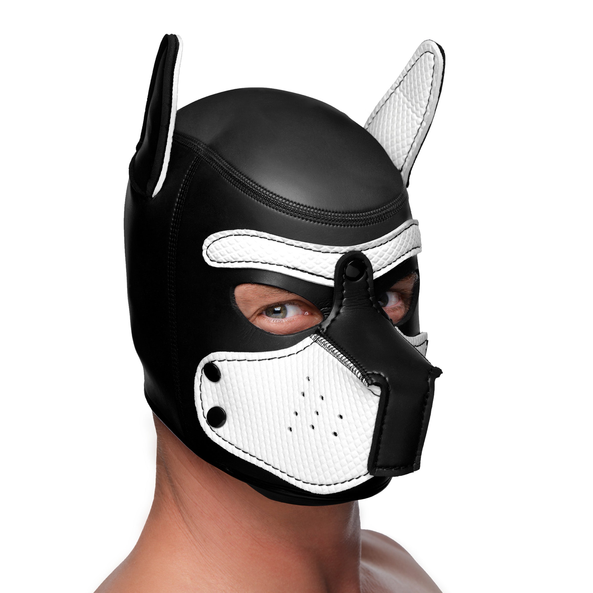 White Spike Neoprene Puppy Hood with bendable ears and snap-on muzzle, designed for puppy play enthusiasts.