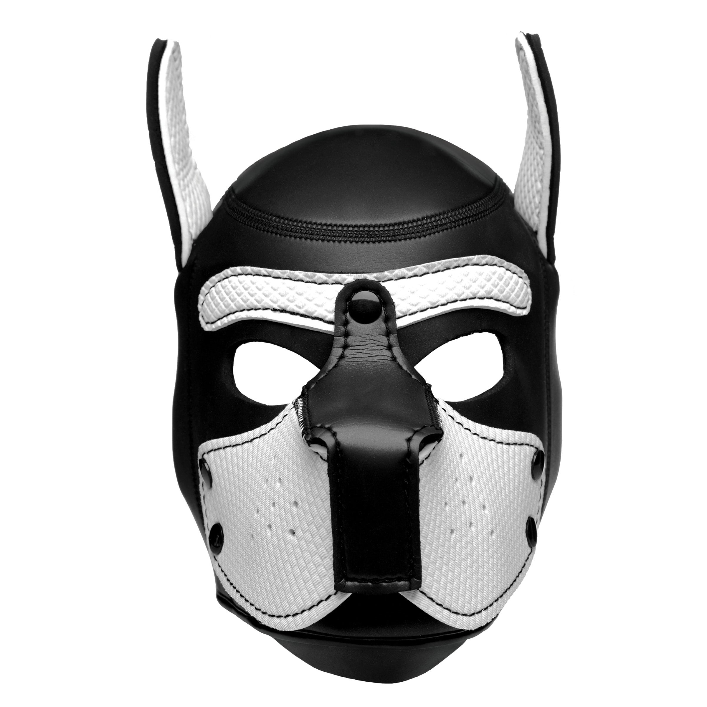 White Spike Neoprene Puppy Hood with bendable ears and snap-on muzzle, designed for puppy play enthusiasts.