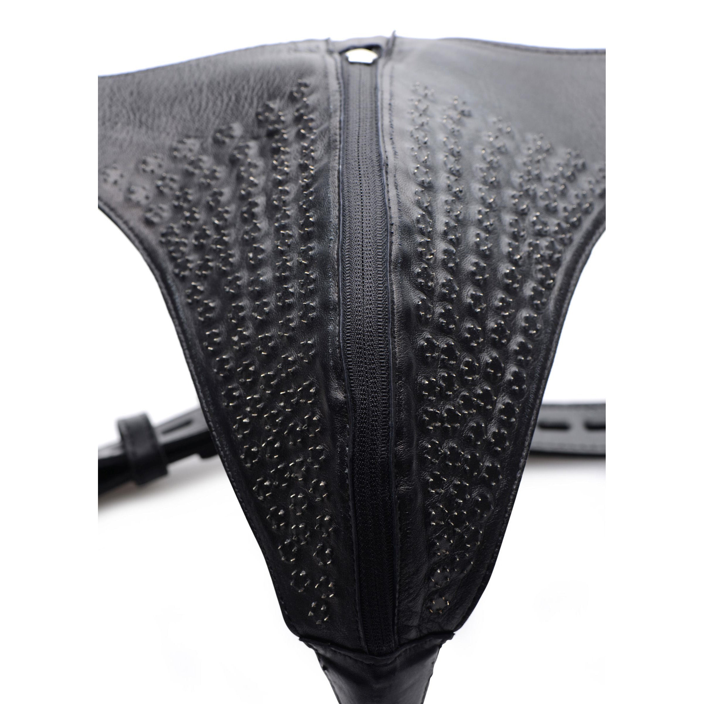 Spiked Leather Confinement Jockstrap with sharp interior spikes and adjustable straps, designed for BDSM play.