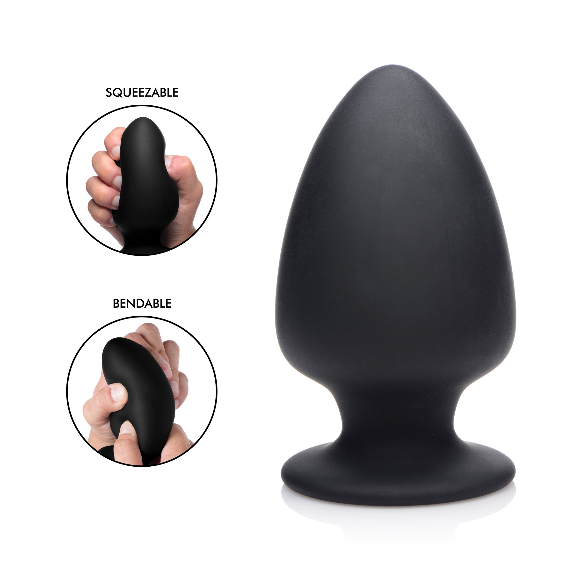 Squeeze-It Silicone Anal Plug - Large, featuring a flexible design and classic spade shape in sleek black color.