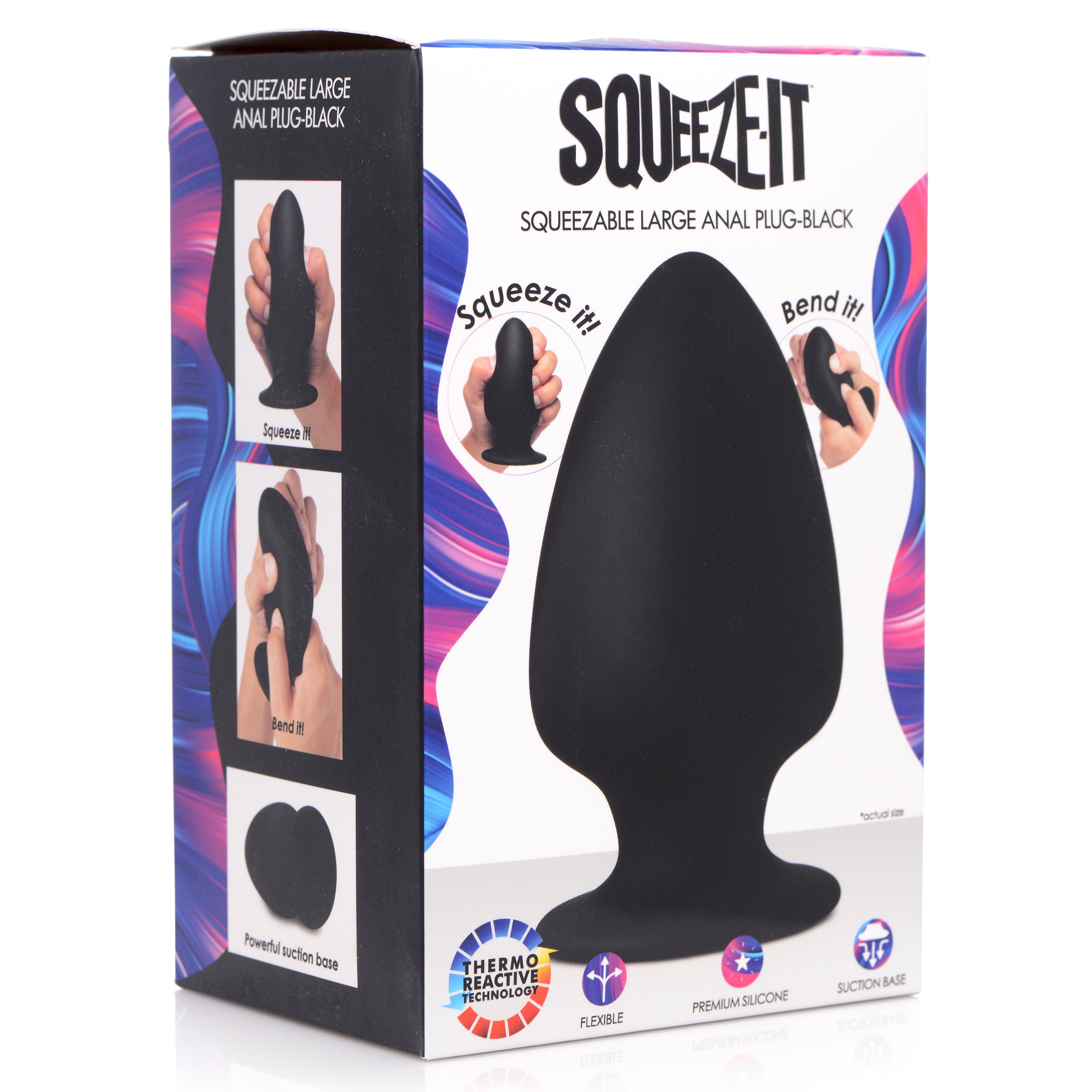 Squeeze-It Silicone Anal Plug - Large, featuring a flexible design and classic spade shape in sleek black color.