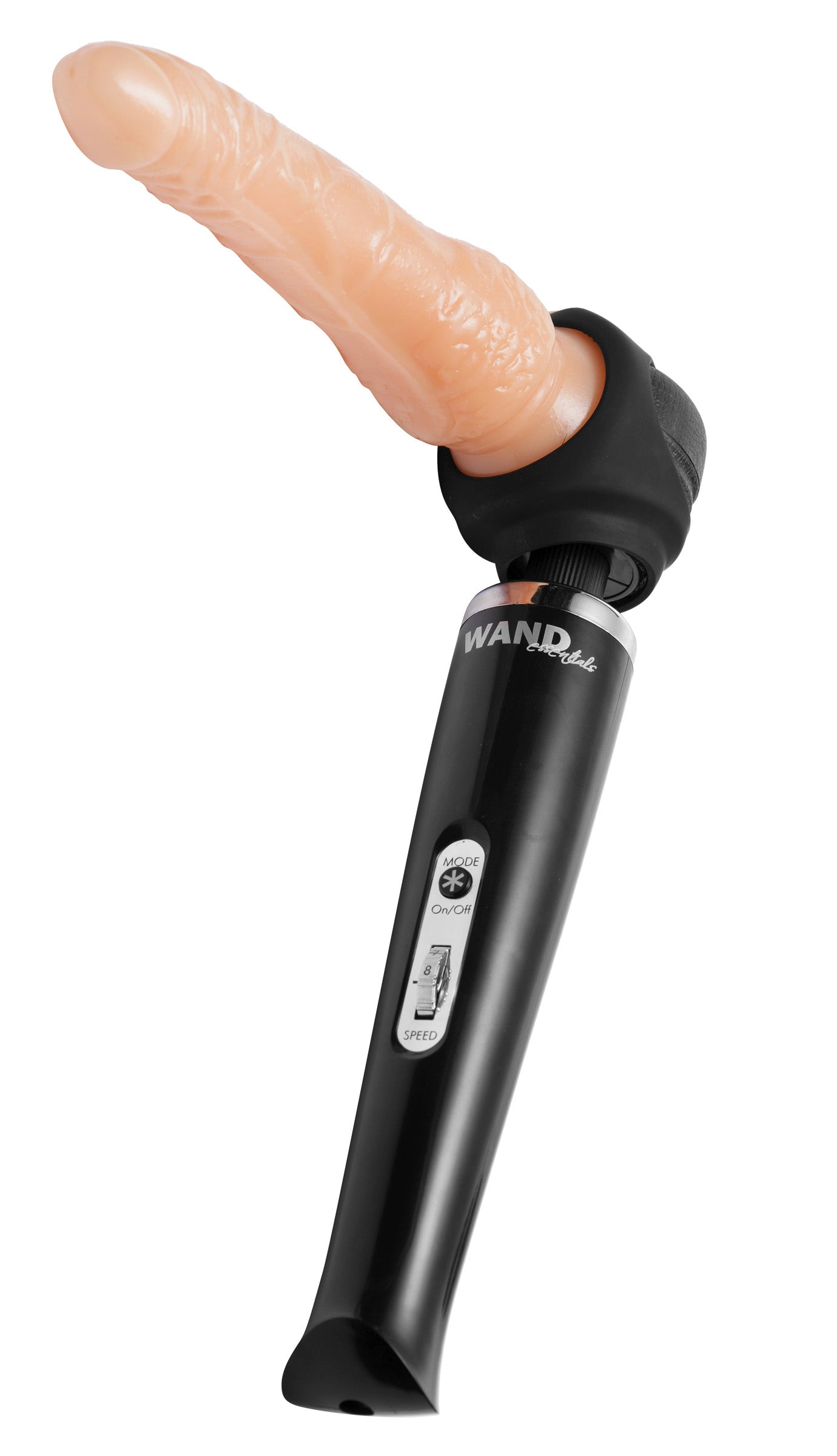 Strap Cap Vibrating Wand Harness Kit with Dildo, showcasing the wand, strap cap, and dildo in a sleek black design.
