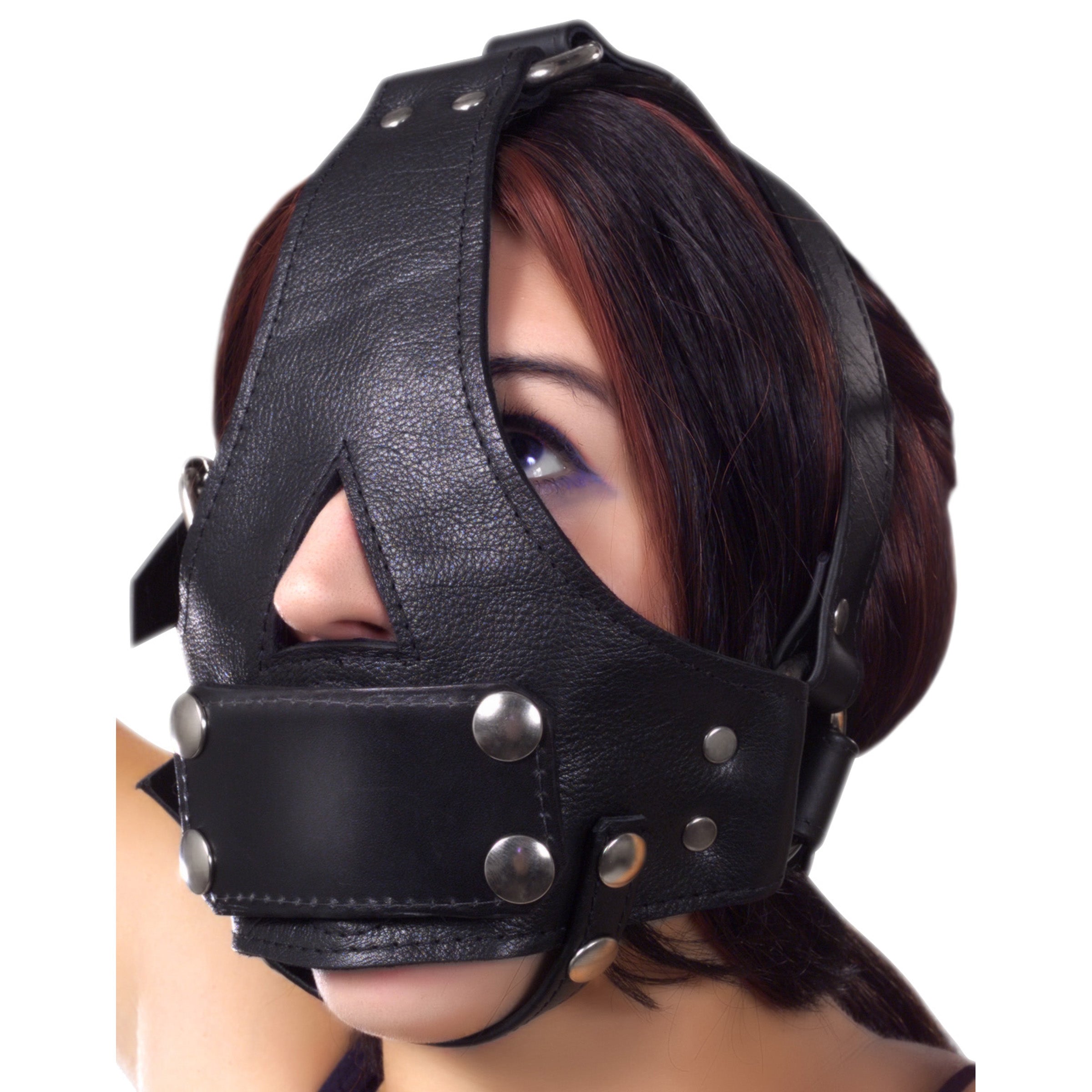Strict Leather Bishop Head Harness with removable gag, featuring heavy leather, steel O-rings, and adjustable straps for comfort and restriction.