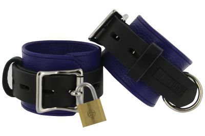Strict Leather Blue and Black Deluxe Locking Cuffs made from high-quality leather, featuring adjustable sizes and metal rings for bondage accessories.
