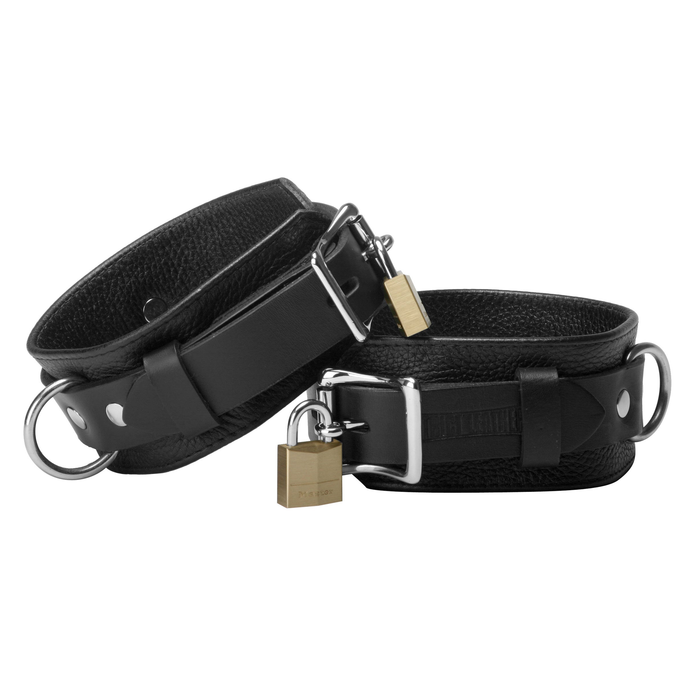 Strict Leather Deluxe Locking Cuffs made from durable black leather with a locking buckle system.