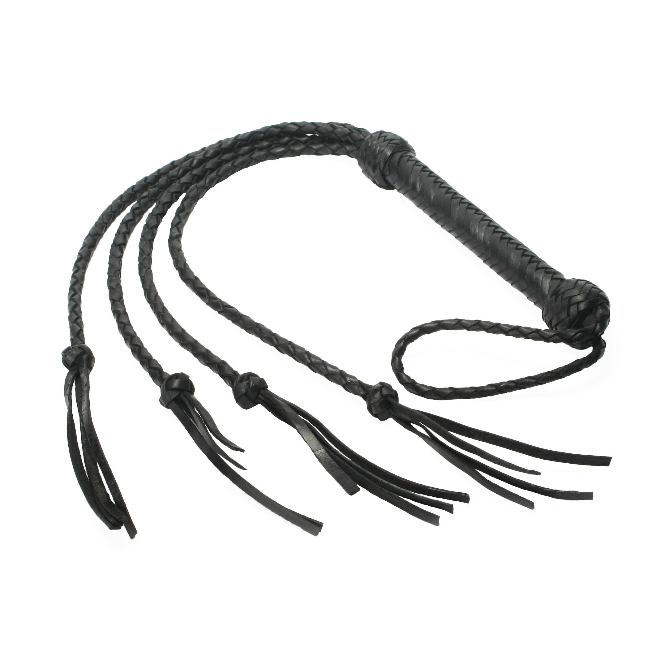 Strict Leather Four Lash Whip made of high-quality leather with a braided design and four lashes for intense BDSM play.