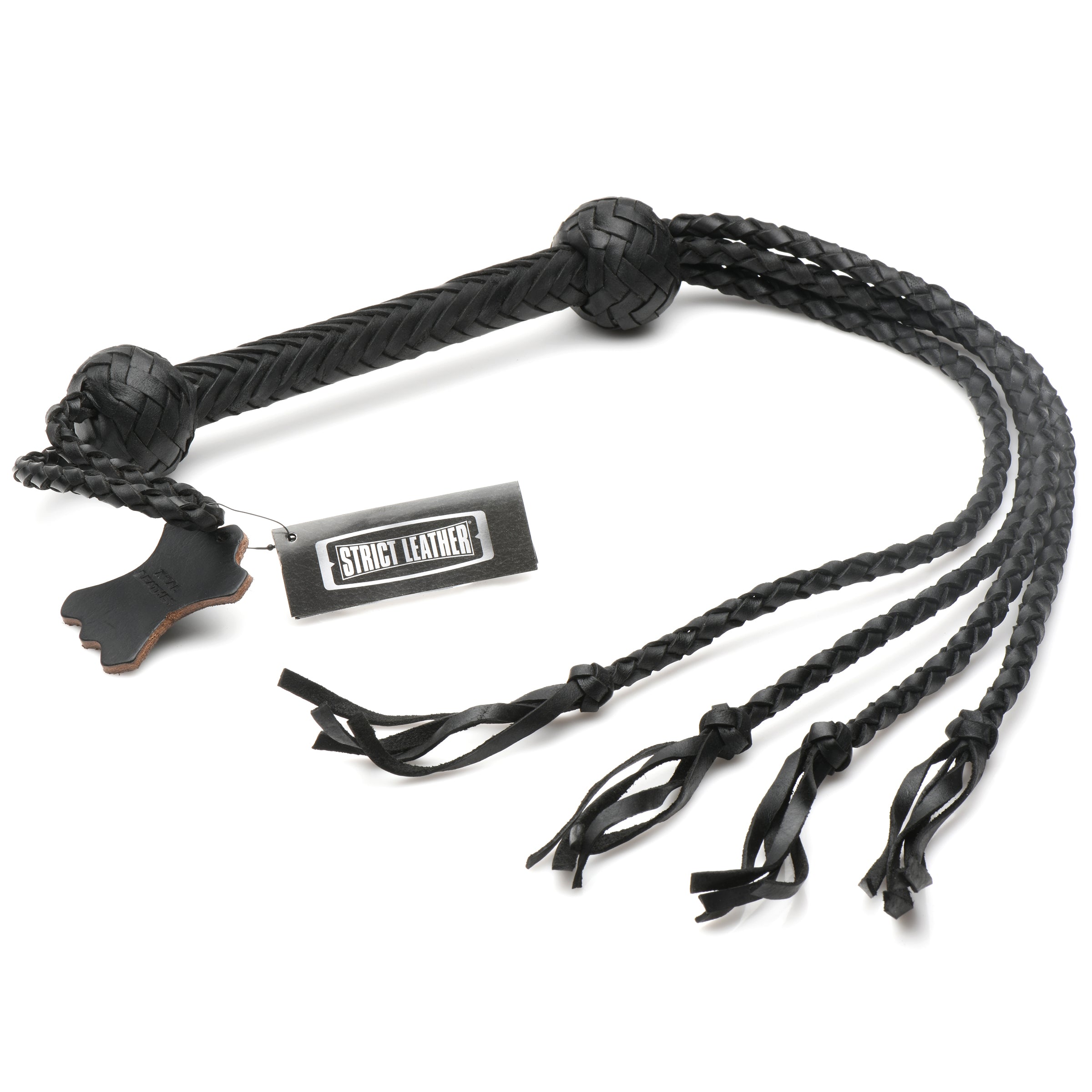 Strict Leather Four Lash Whip made of high-quality leather with a braided design and four lashes for intense BDSM play.