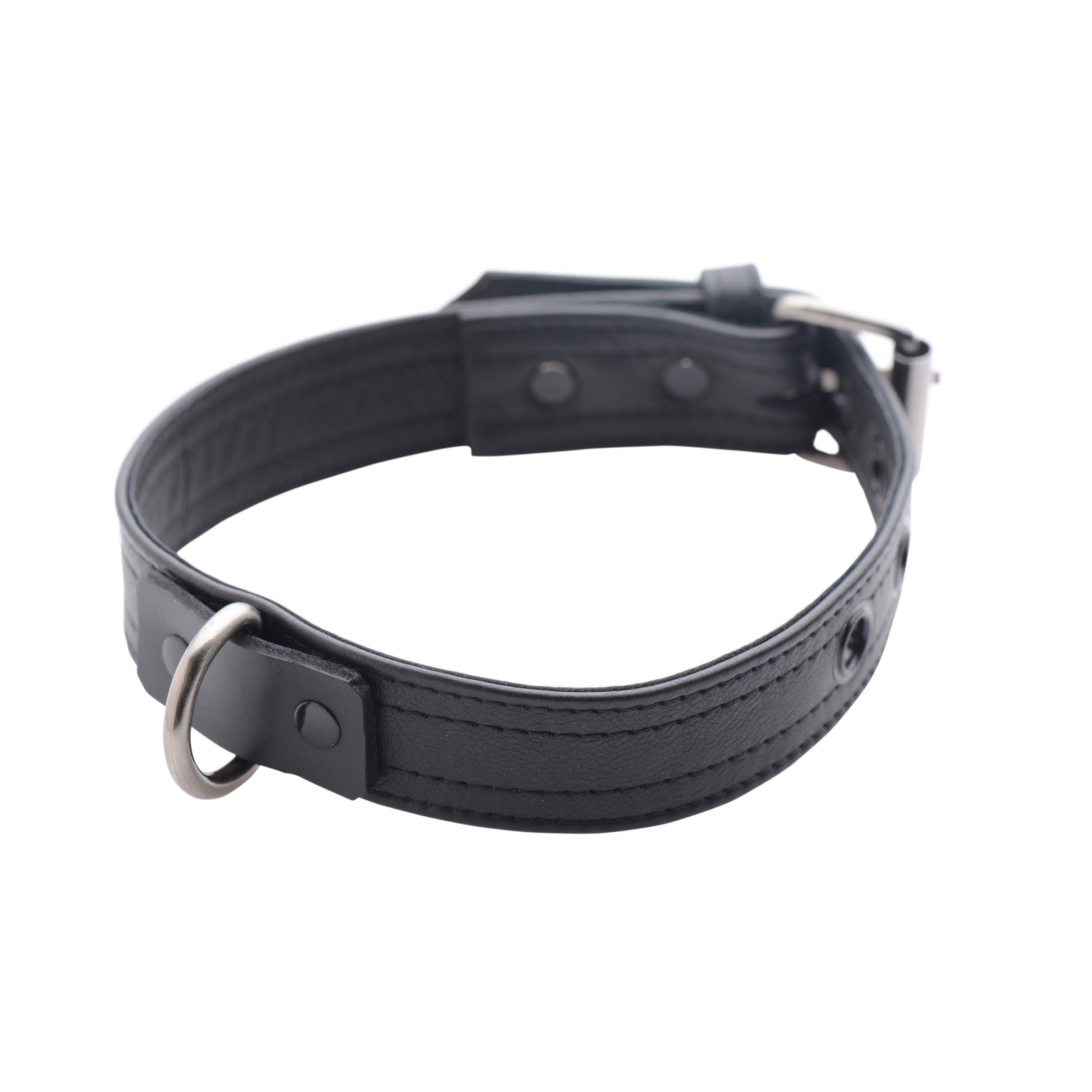 Strict Leather Luxury Locking Collar in black leather with a D-ring for accessories, showcasing its elegant design.