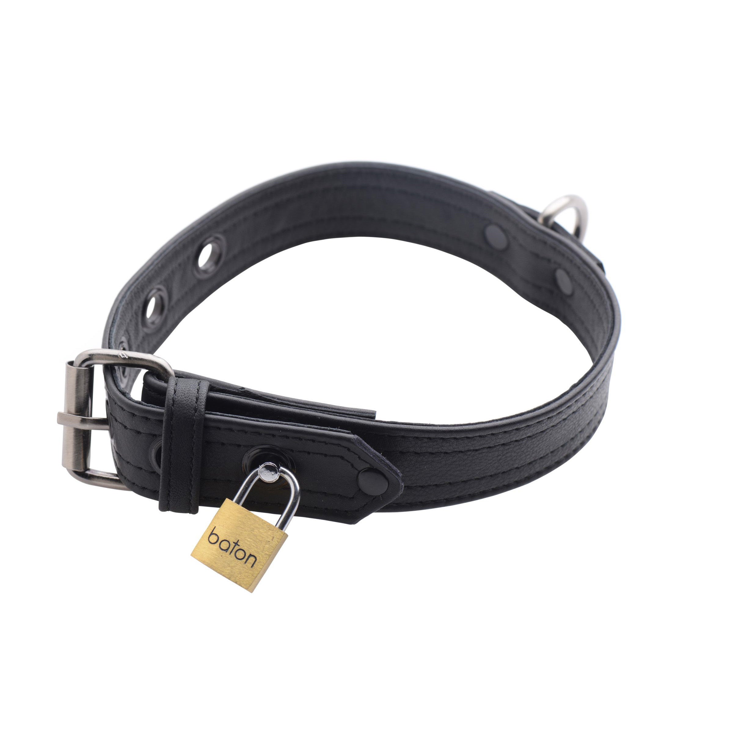 Strict Leather Luxury Locking Collar in black leather with a D-ring for accessories, showcasing its elegant design.