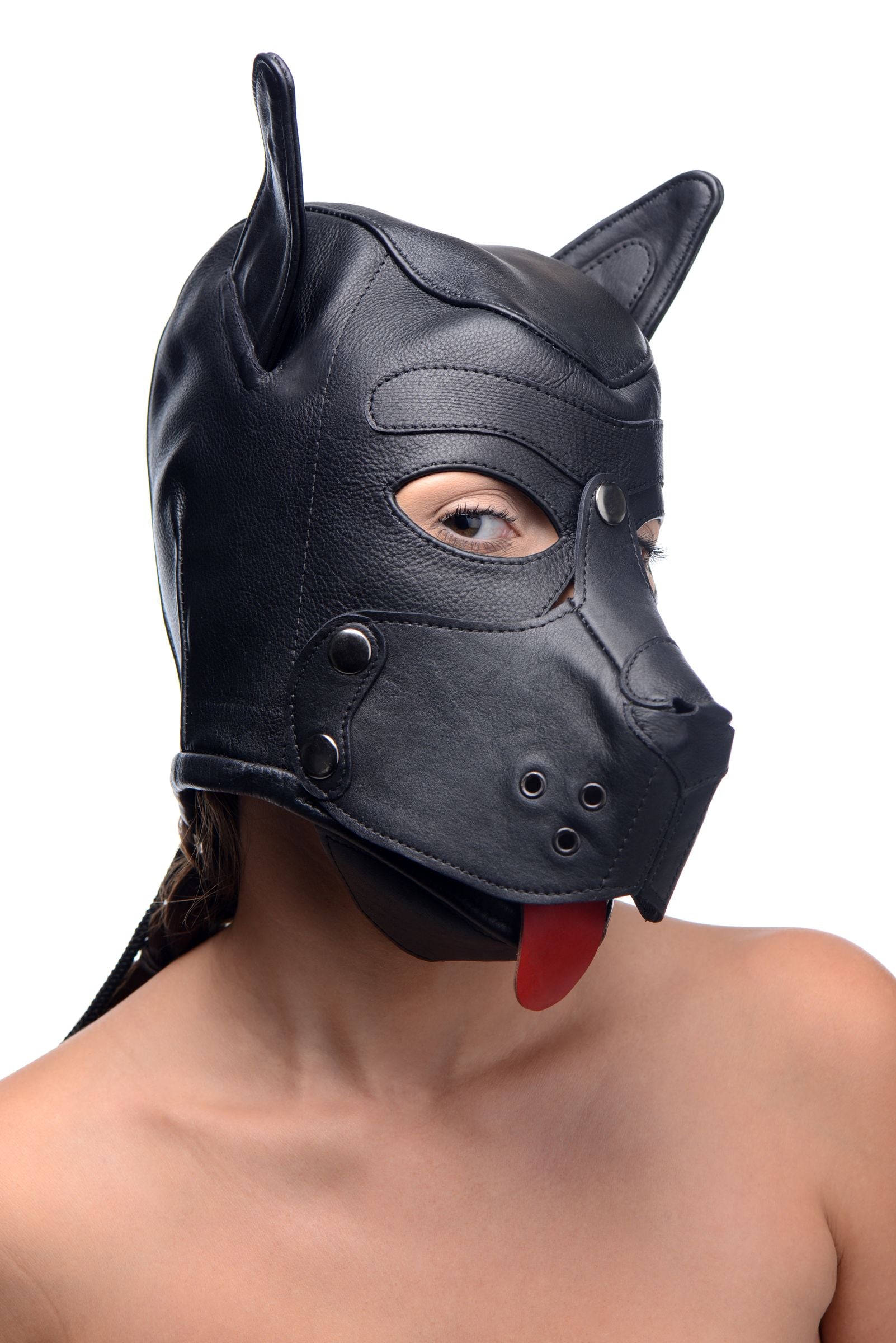 Strict Leather Puppy Hood with Bendable Ears, featuring adjustable fit and unsnap muzzle for playful puppy role-play.