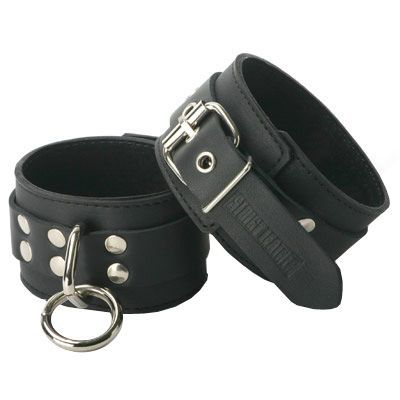Strict Leather Suede Lined Cuffs in black leather with soft suede lining and heavy-duty O ring for bondage play.