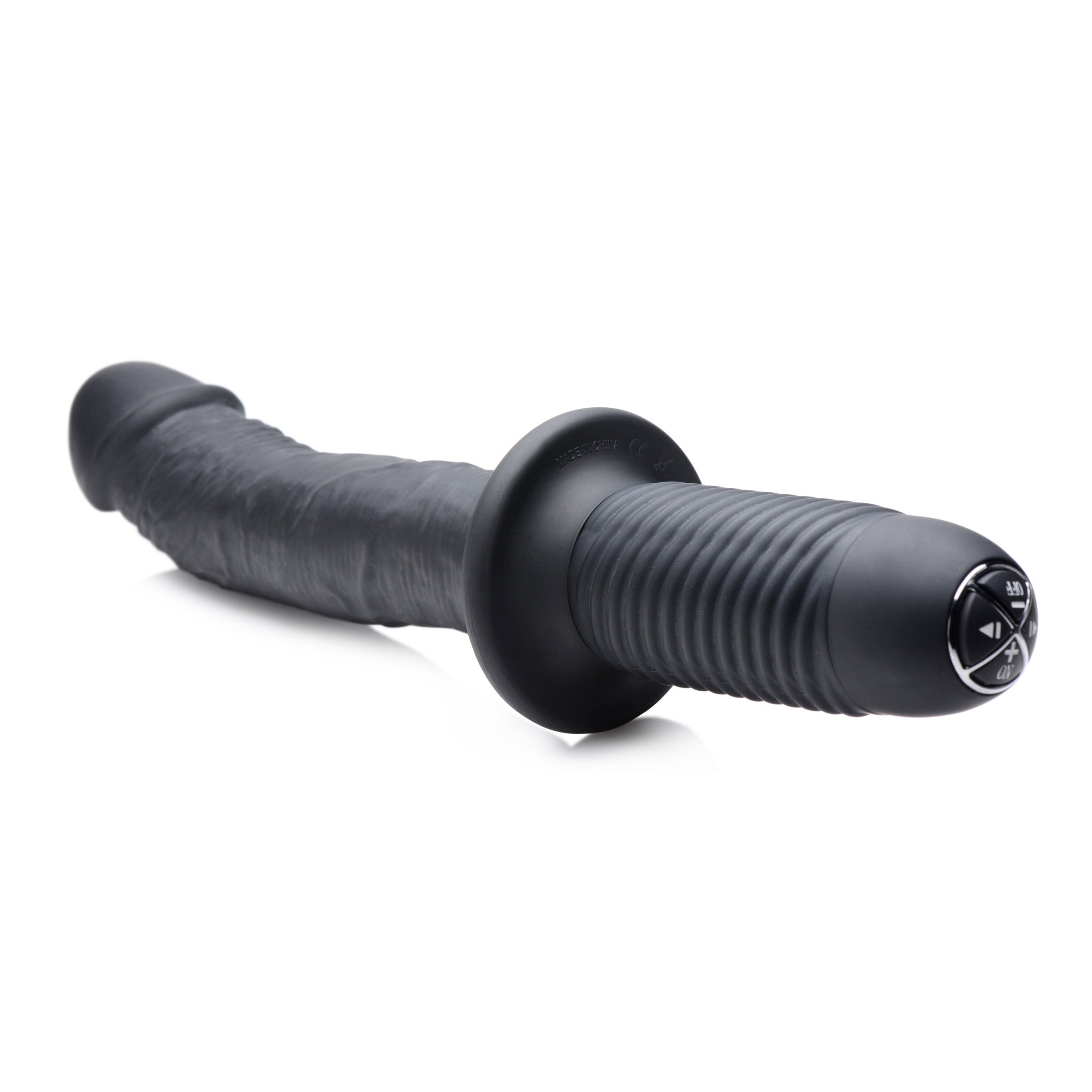 Large Realistic 10X Silicone Vibrator with Handle, featuring a curved shaft and textured grip for enhanced pleasure.