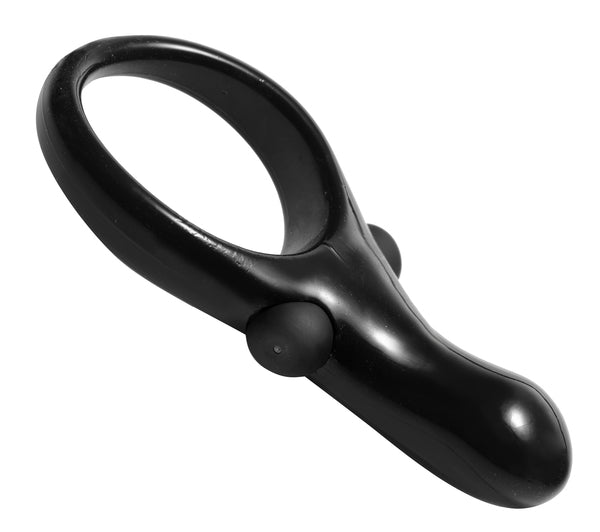 The Mystic Vibrating Cock Ring with Taint Stimulator, featuring a tear drop shaped stimulator and removable vibrating bullet in sleek black.