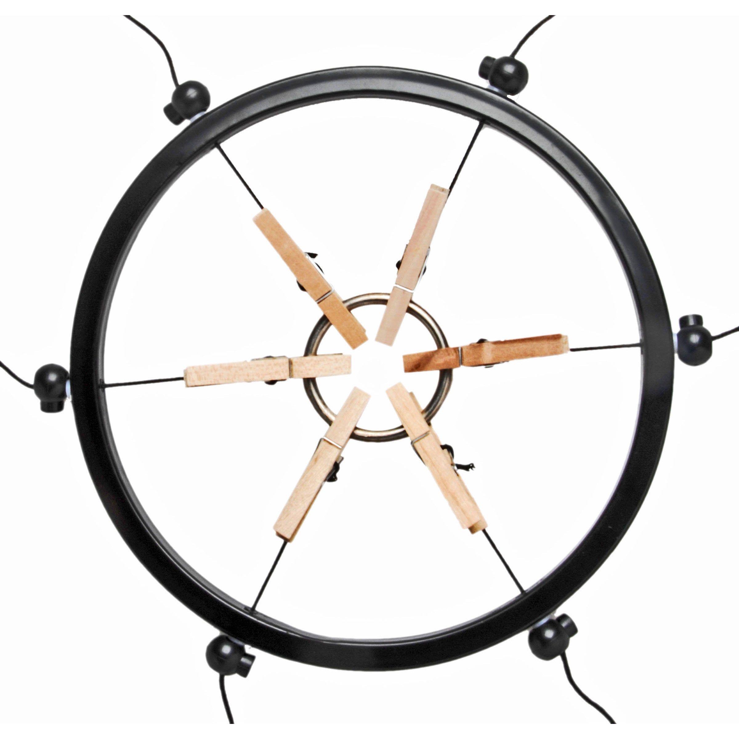 The Pussy Spreader Female Bondage Device with clothespins and metal ring, designed for enhancing intimate experiences.