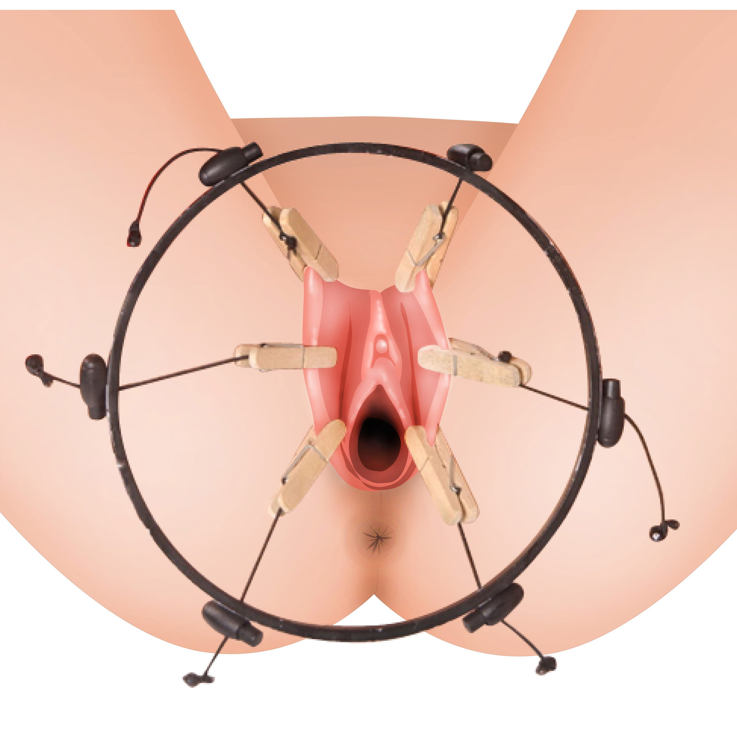 The Pussy Spreader Female Bondage Device with clothespins and metal ring, designed for enhancing intimate experiences.